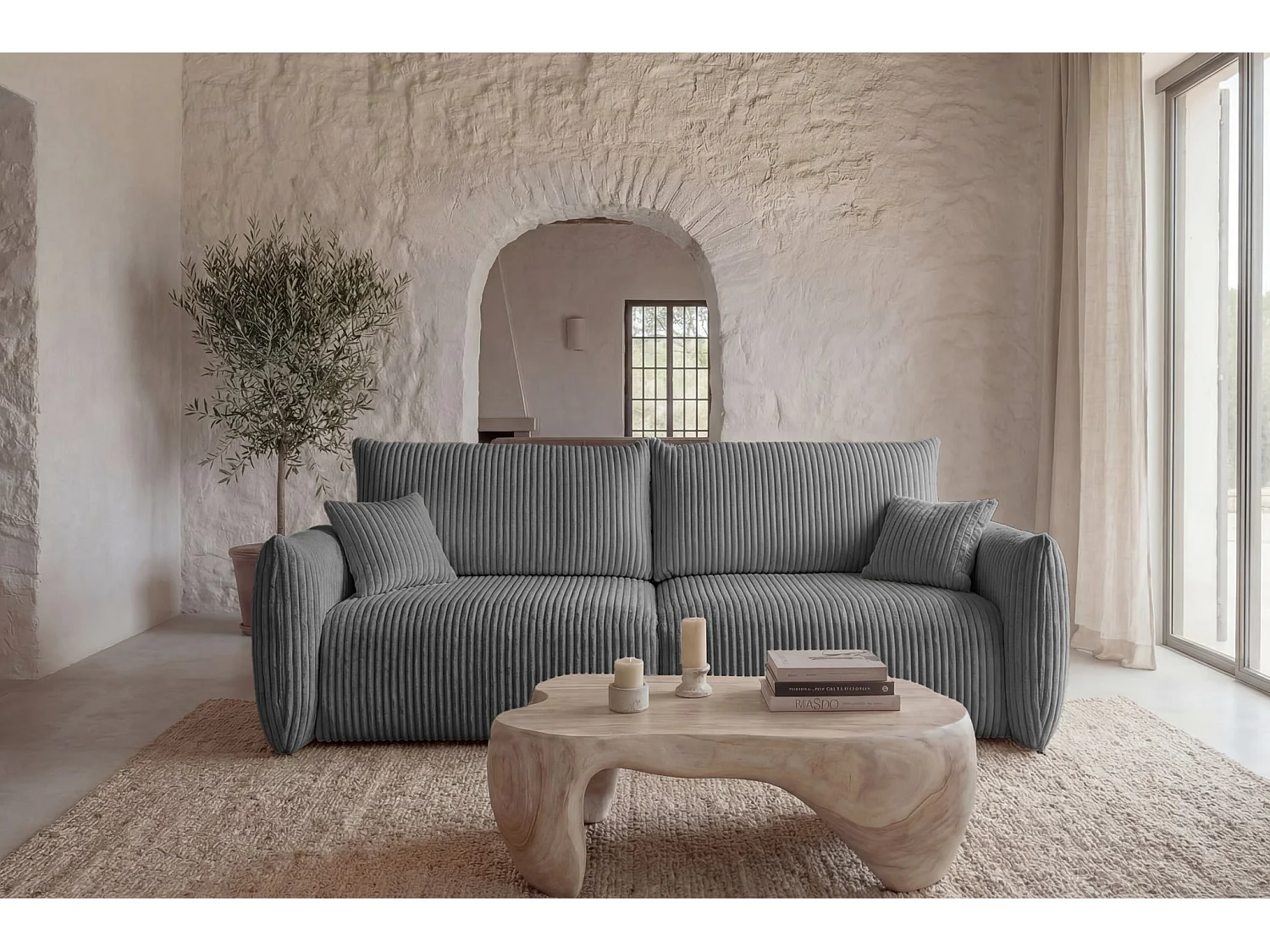 ELIO - Canapé droit convertible gros velours côtelé 3 places - Gris foncé