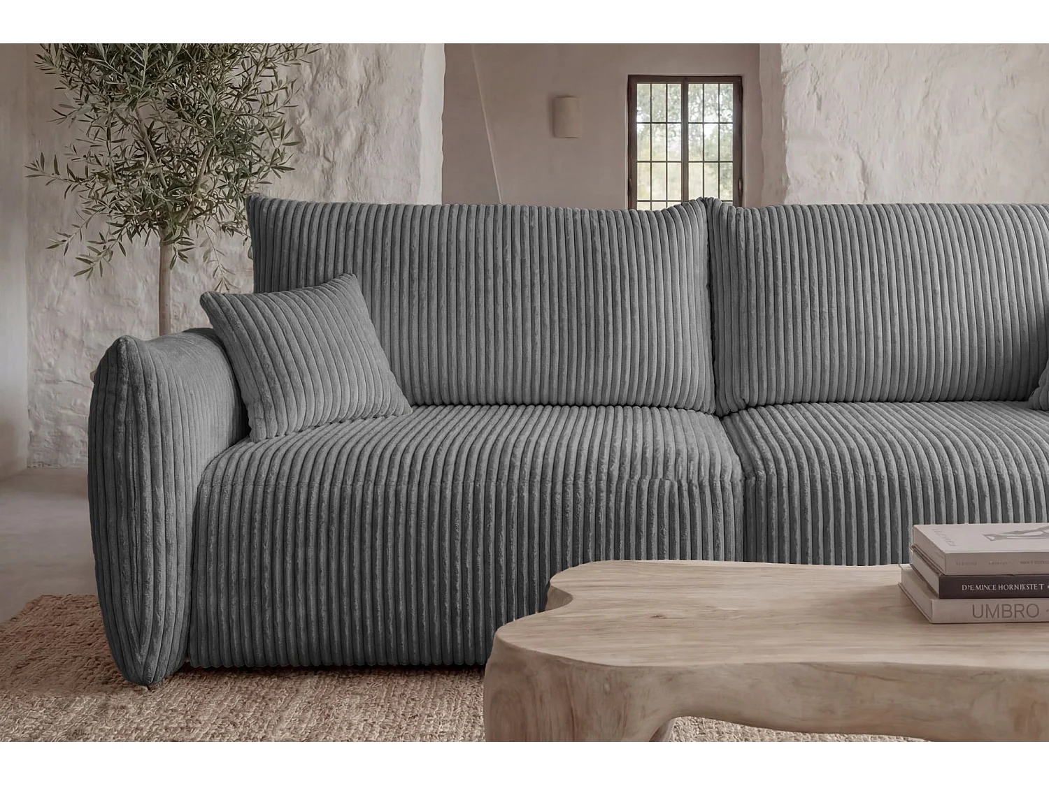 ELIO - Canapé droit convertible gros velours côtelé 3 places - Gris foncé