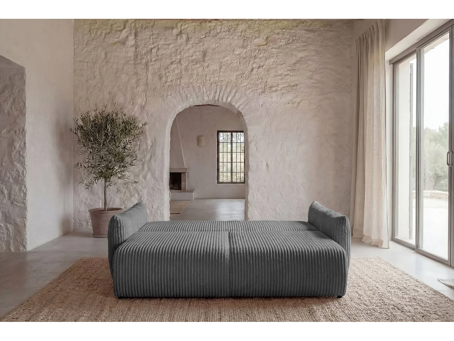 ELIO - Canapé droit convertible gros velours côtelé 3 places - Gris foncé