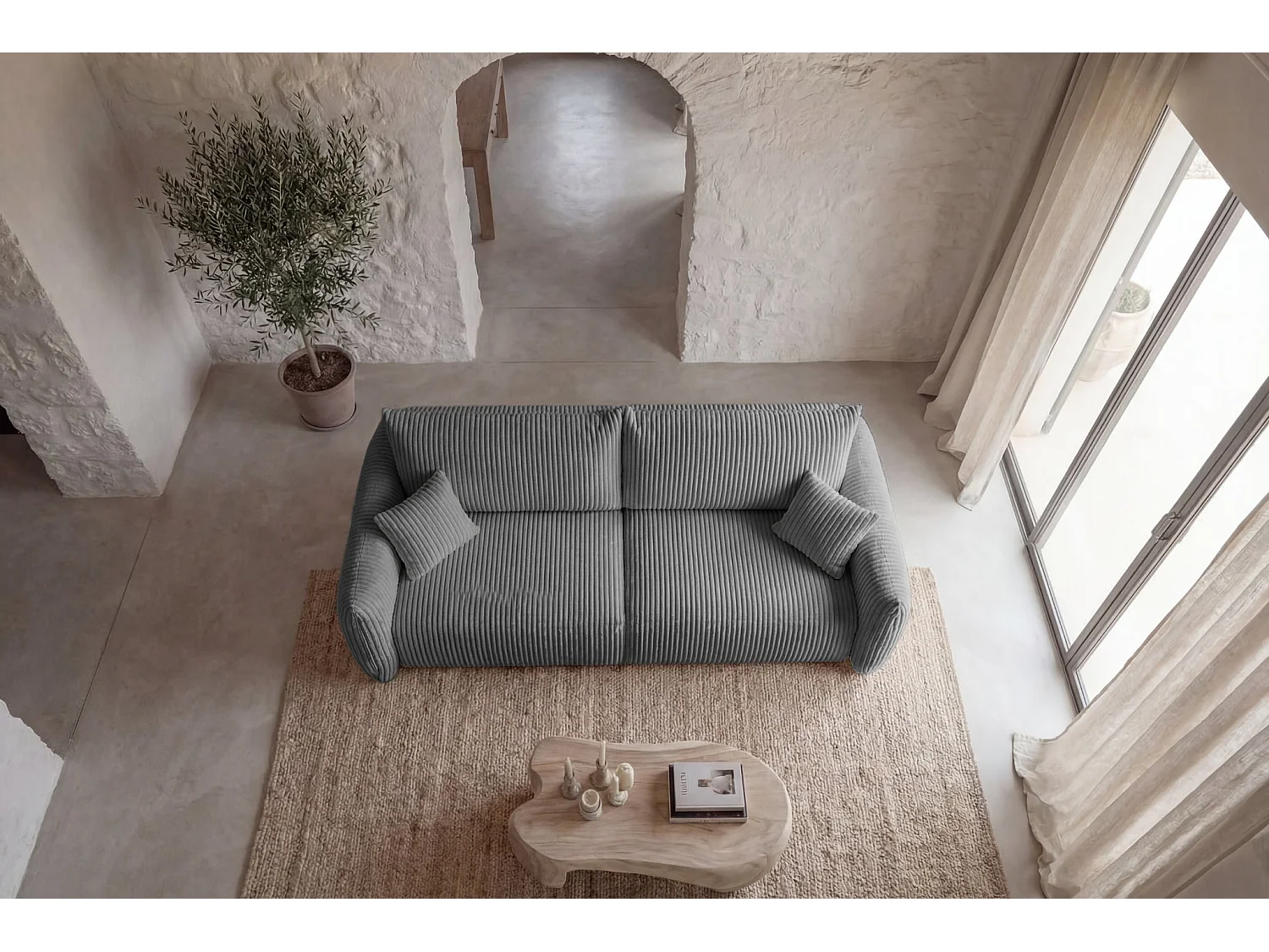 ELIO - Canapé droit convertible gros velours côtelé 3 places - Gris foncé