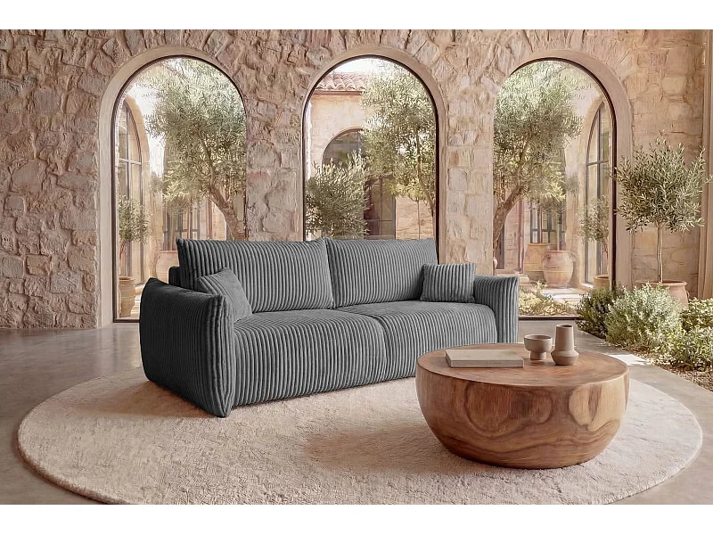 ELIO - Canapé droit convertible gros velours côtelé - Gris foncé