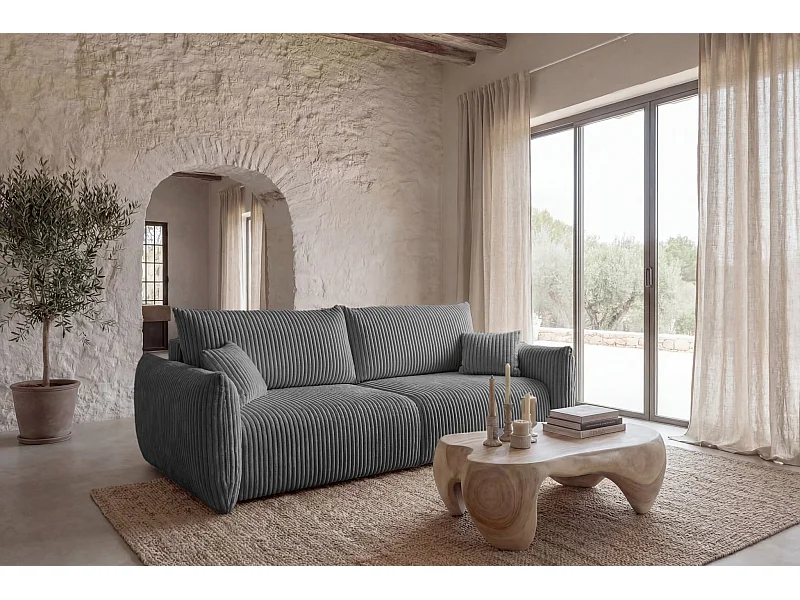 ELIO - Canapé droit convertible gros velours côtelé - Gris foncé