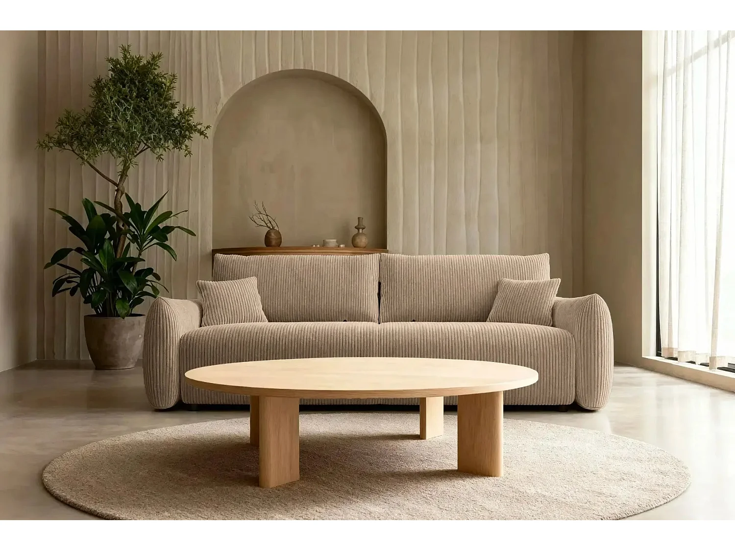 ELIO - Canapé droit convertible petit velours côtelé - Café