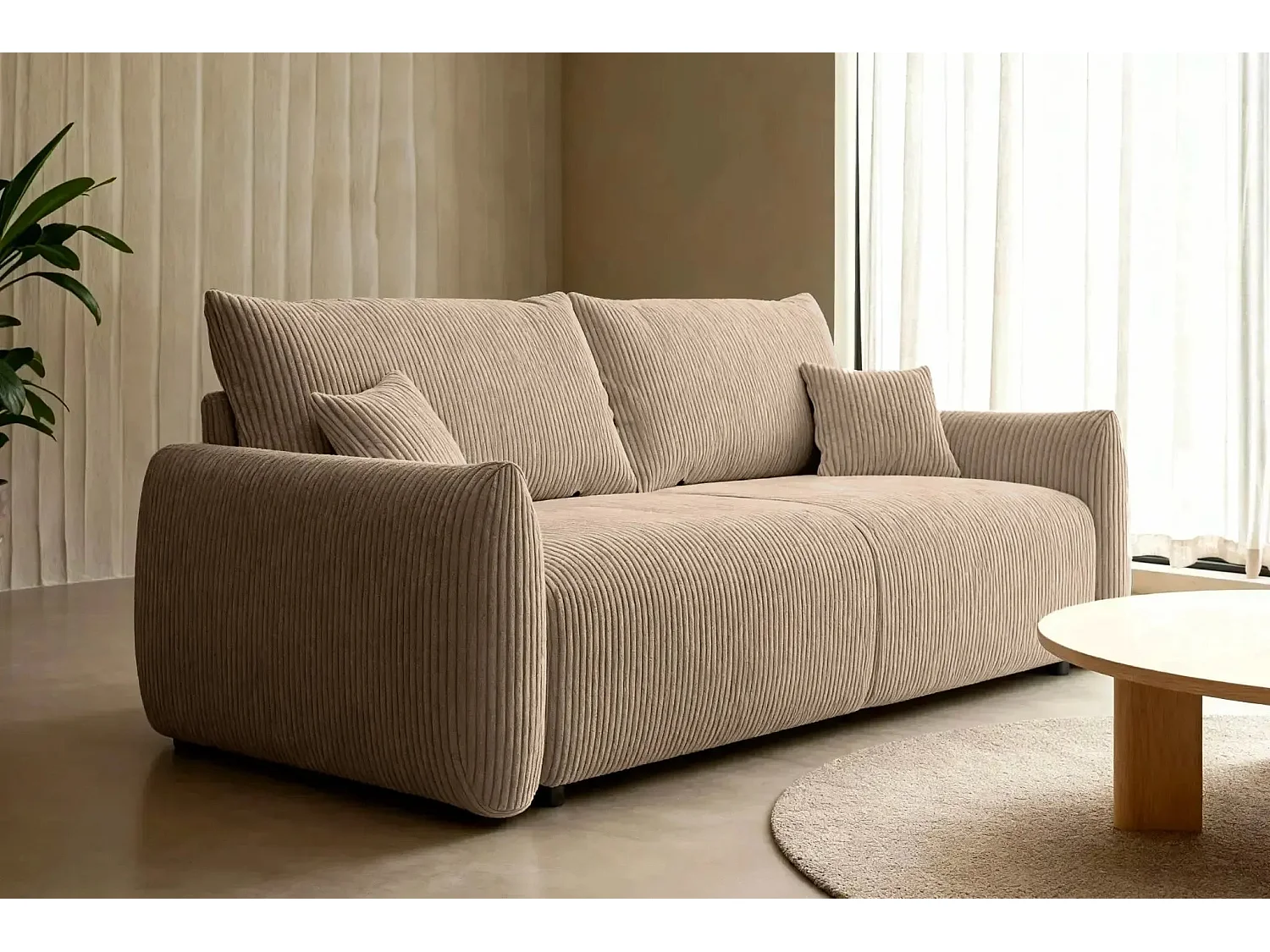 ELIO - Canapé droit convertible petit velours côtelé 3 places - Café