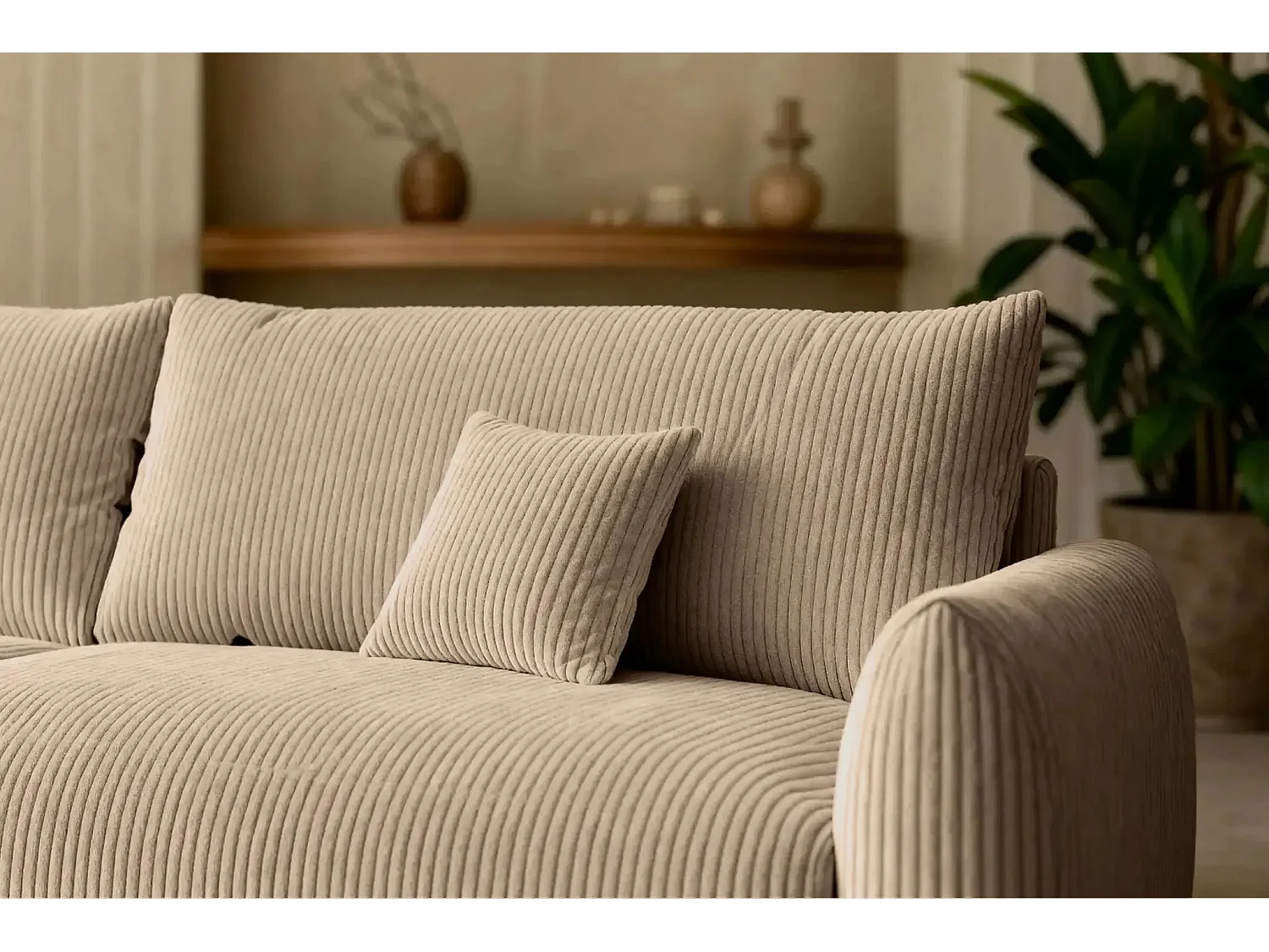 ELIO - Canapé droit convertible petit velours côtelé 3 places - Café