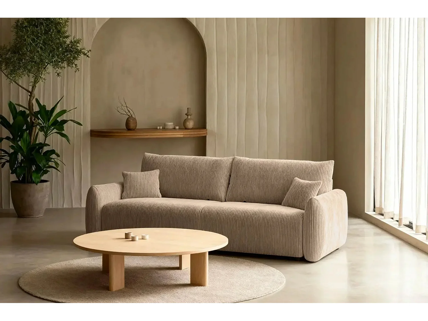 ELIO - Canapé droit convertible petit velours côtelé 3 places - Café