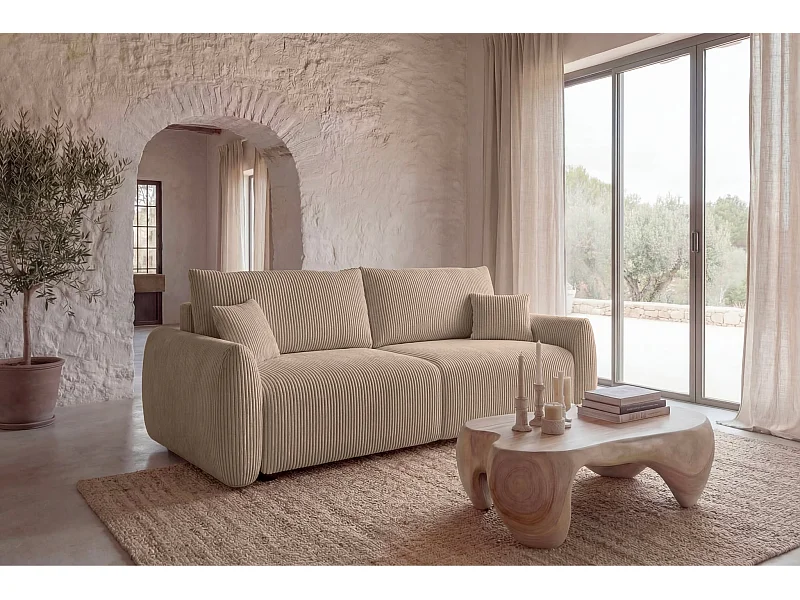 ELIO - Canapé droit convertible petit velours côtelé 3 places - Café