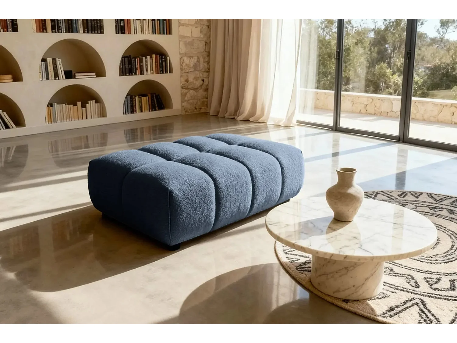 ALEXIA - Pouf en tissu bouclette Bleu 120x60x40