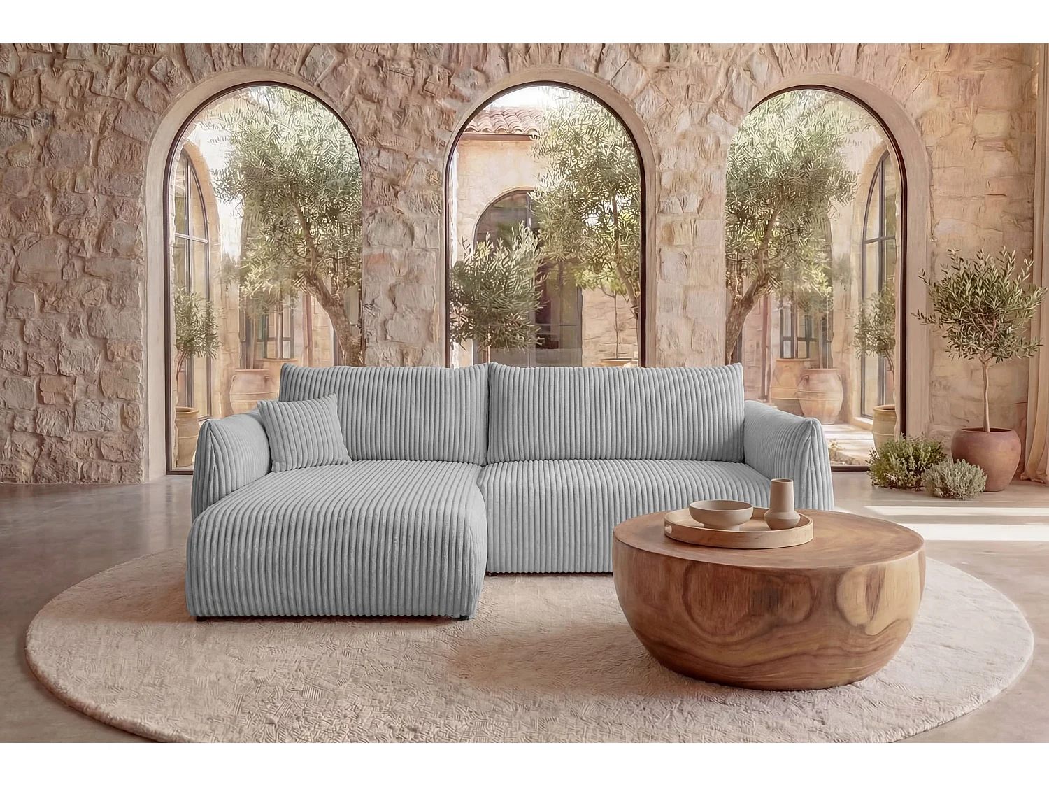 ELIO - Canapé d'angle convertible gros velours côtelé - Gris clair