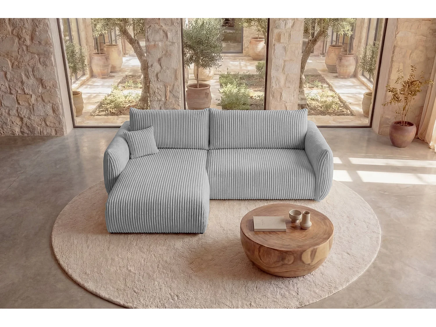 ELIO - Canapé d'angle convertible gros velours côtelé - Gris clair