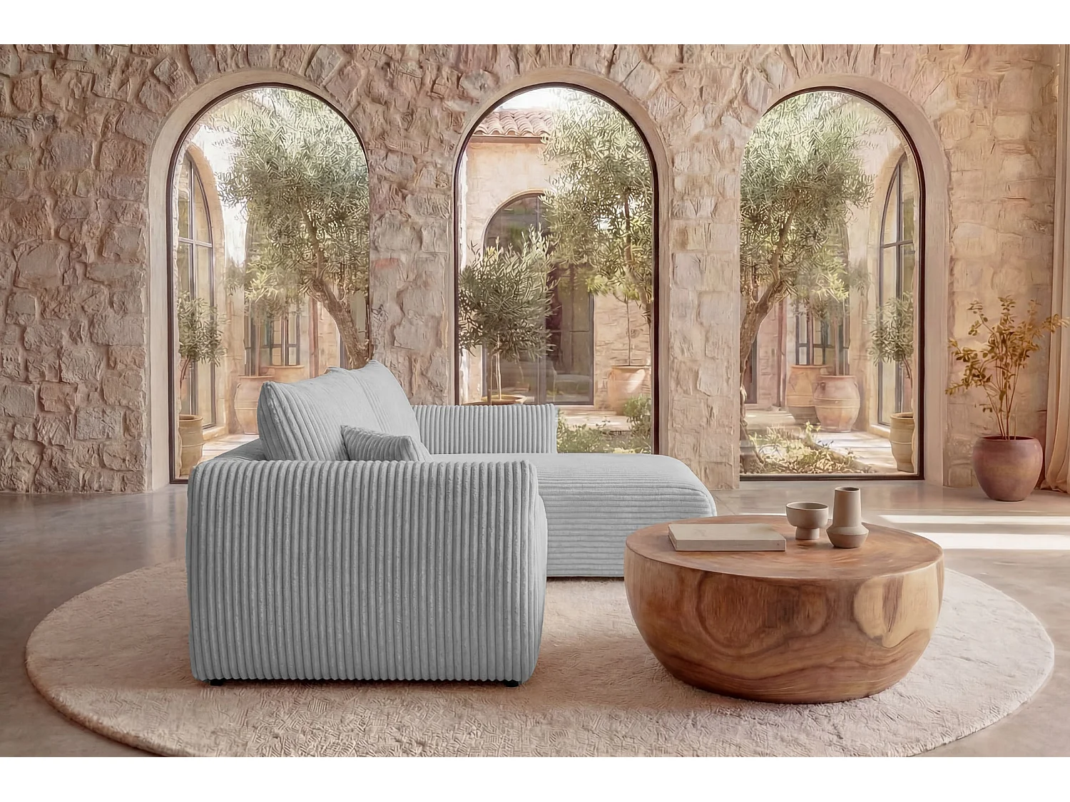 ELIO - Canapé d'angle convertible gros velours côtelé - Gris clair