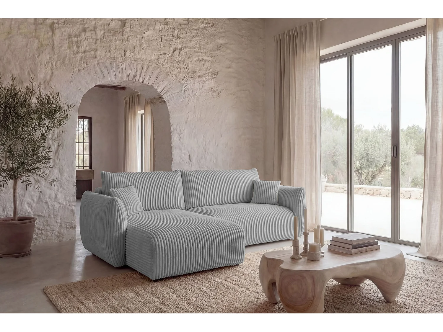 ELIO - Canapé d'angle convertible gros velours côtelé 4 places - Gris clair