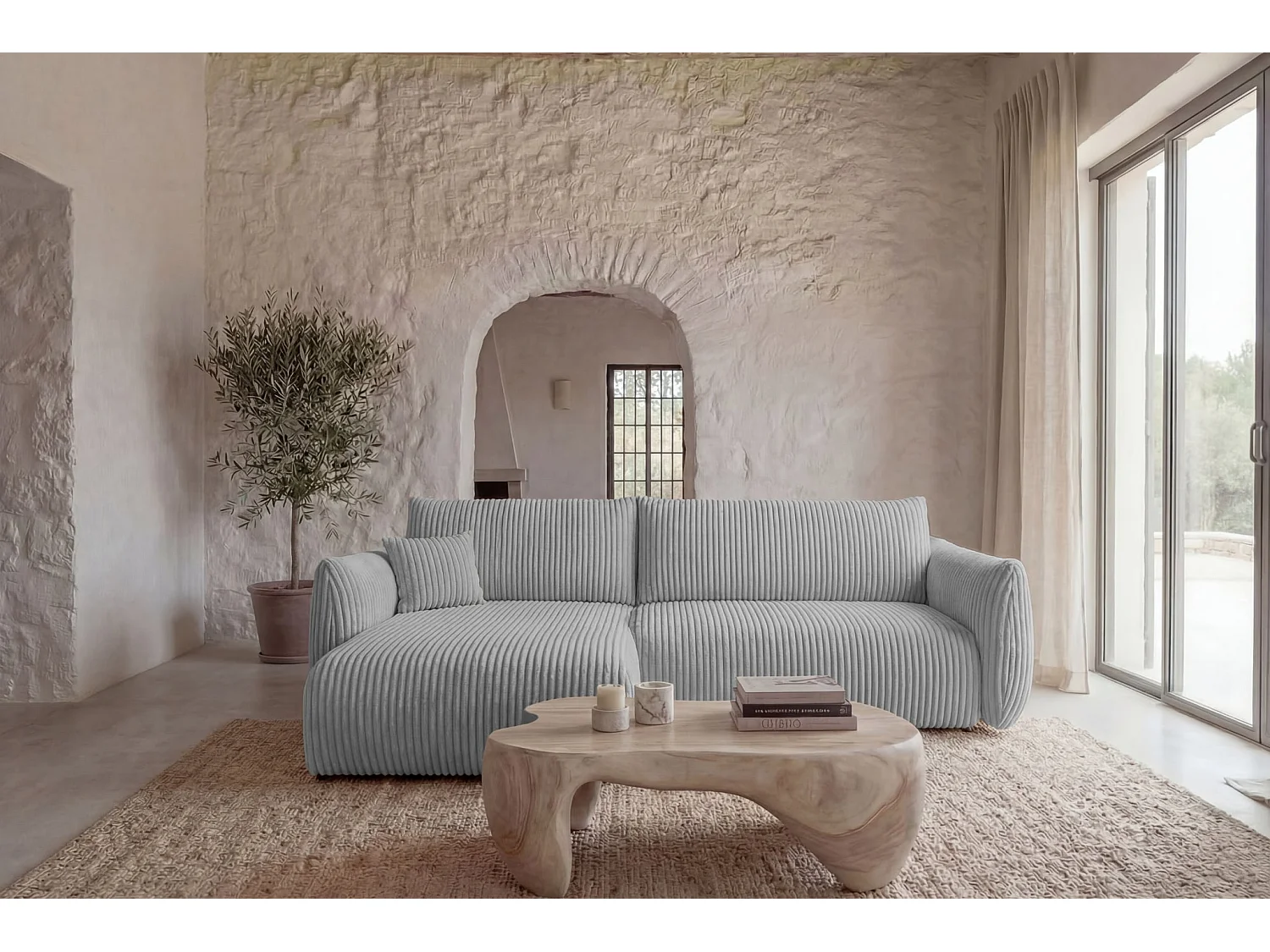 ELIO - Canapé d'angle convertible gros velours côtelé 4 places - Gris clair