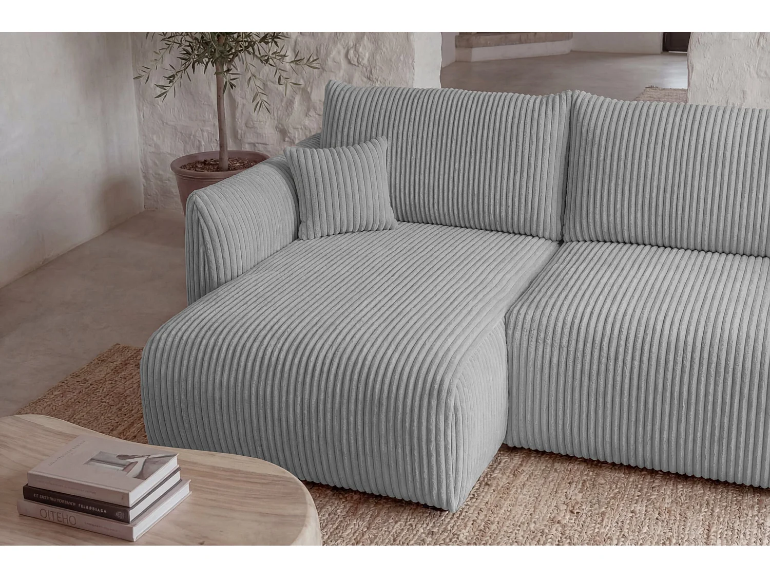 ELIO - Canapé d'angle convertible gros velours côtelé 4 places - Gris clair