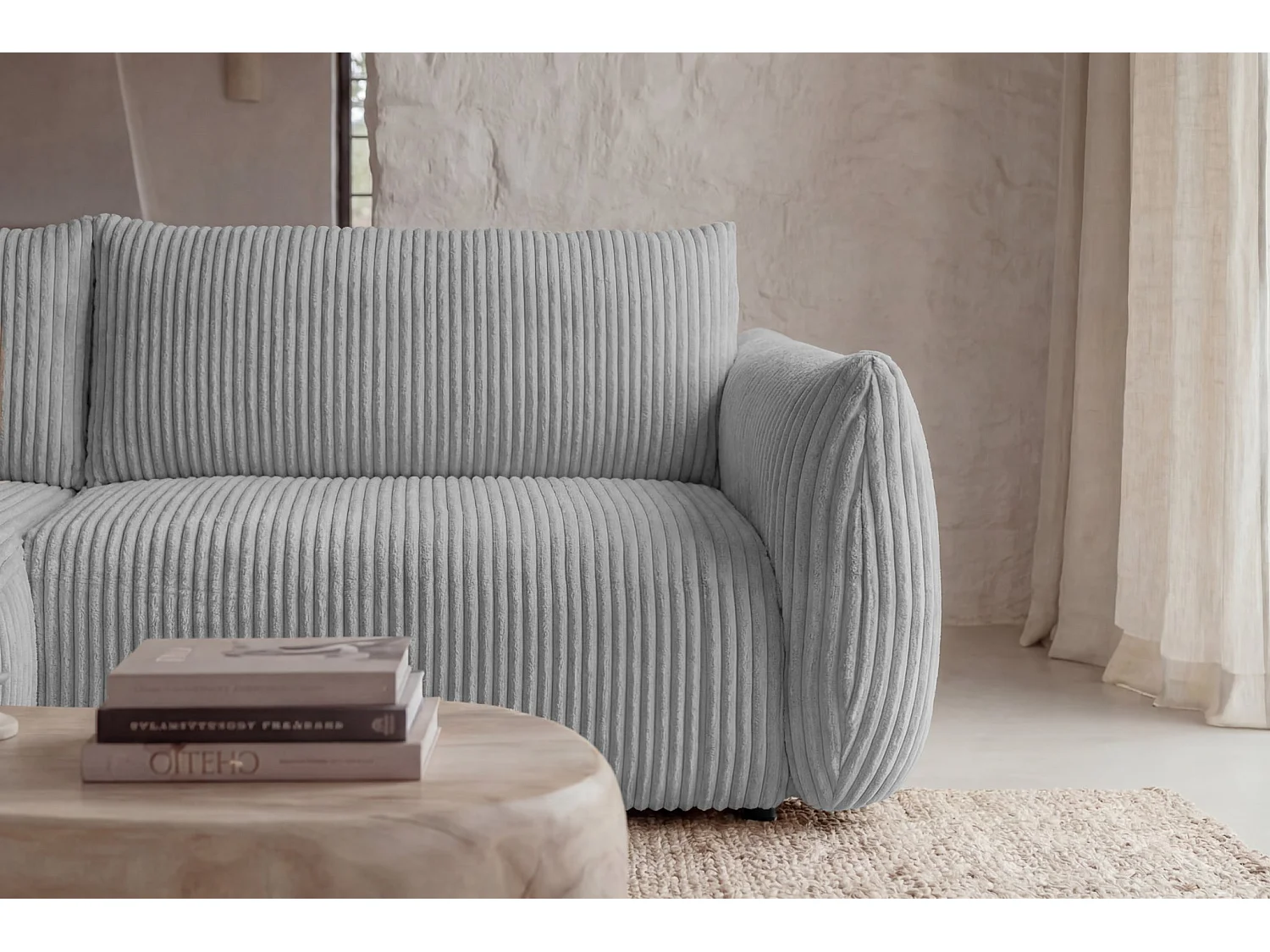 ELIO - Canapé d'angle convertible gros velours côtelé 4 places - Gris clair