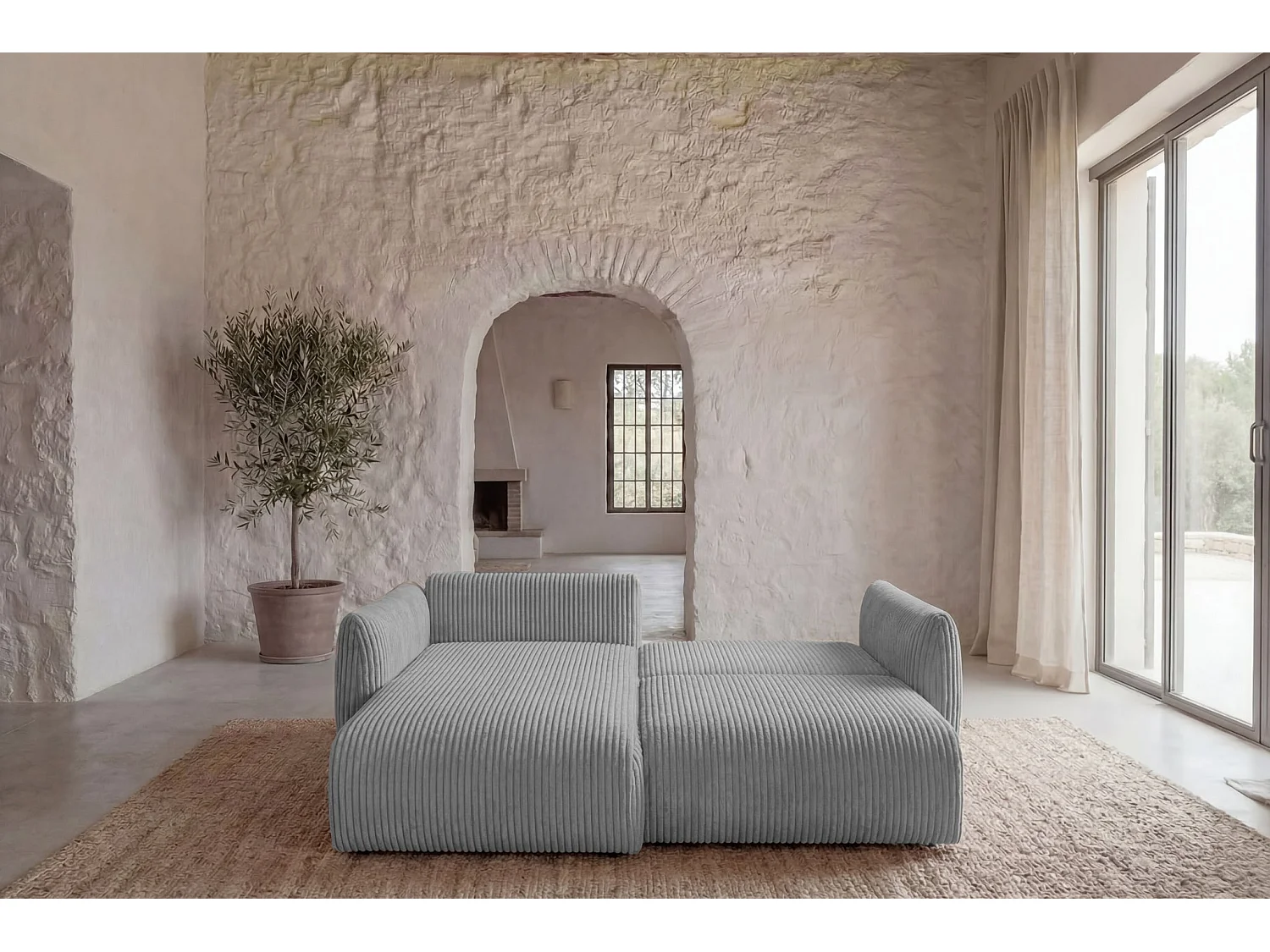 ELIO - Canapé d'angle convertible gros velours côtelé 4 places - Gris clair