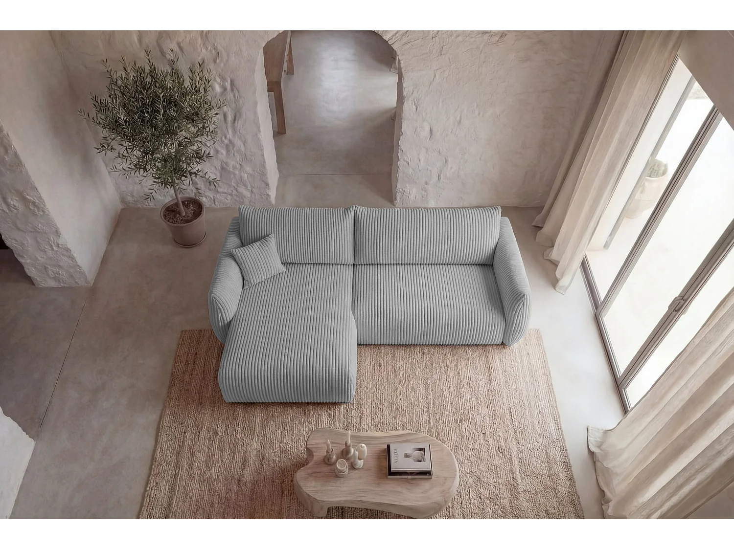 ELIO - Canapé d'angle convertible gros velours côtelé 4 places - Gris clair