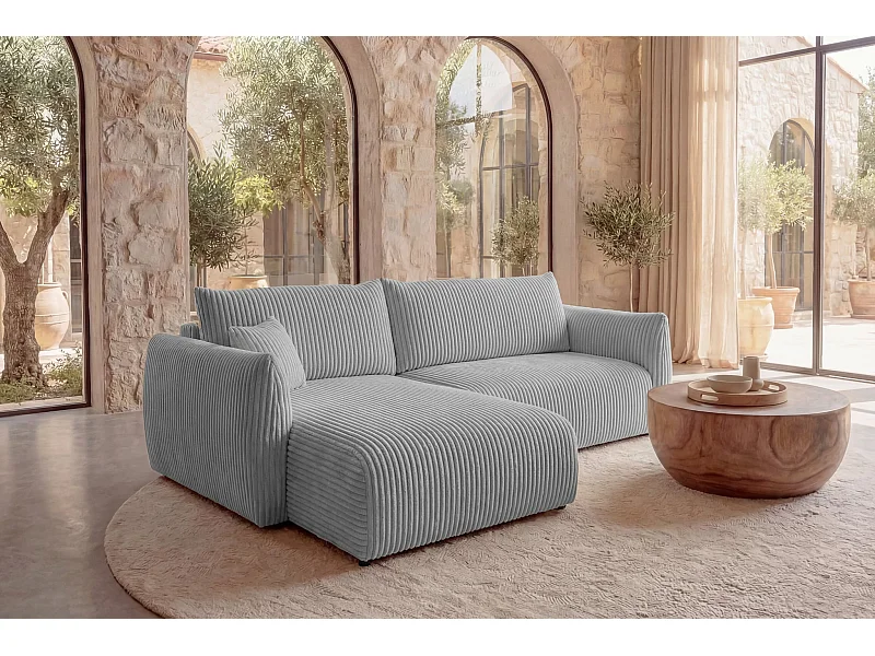 ELIO - Canapé d'angle convertible gros velours côtelé - Gris clair