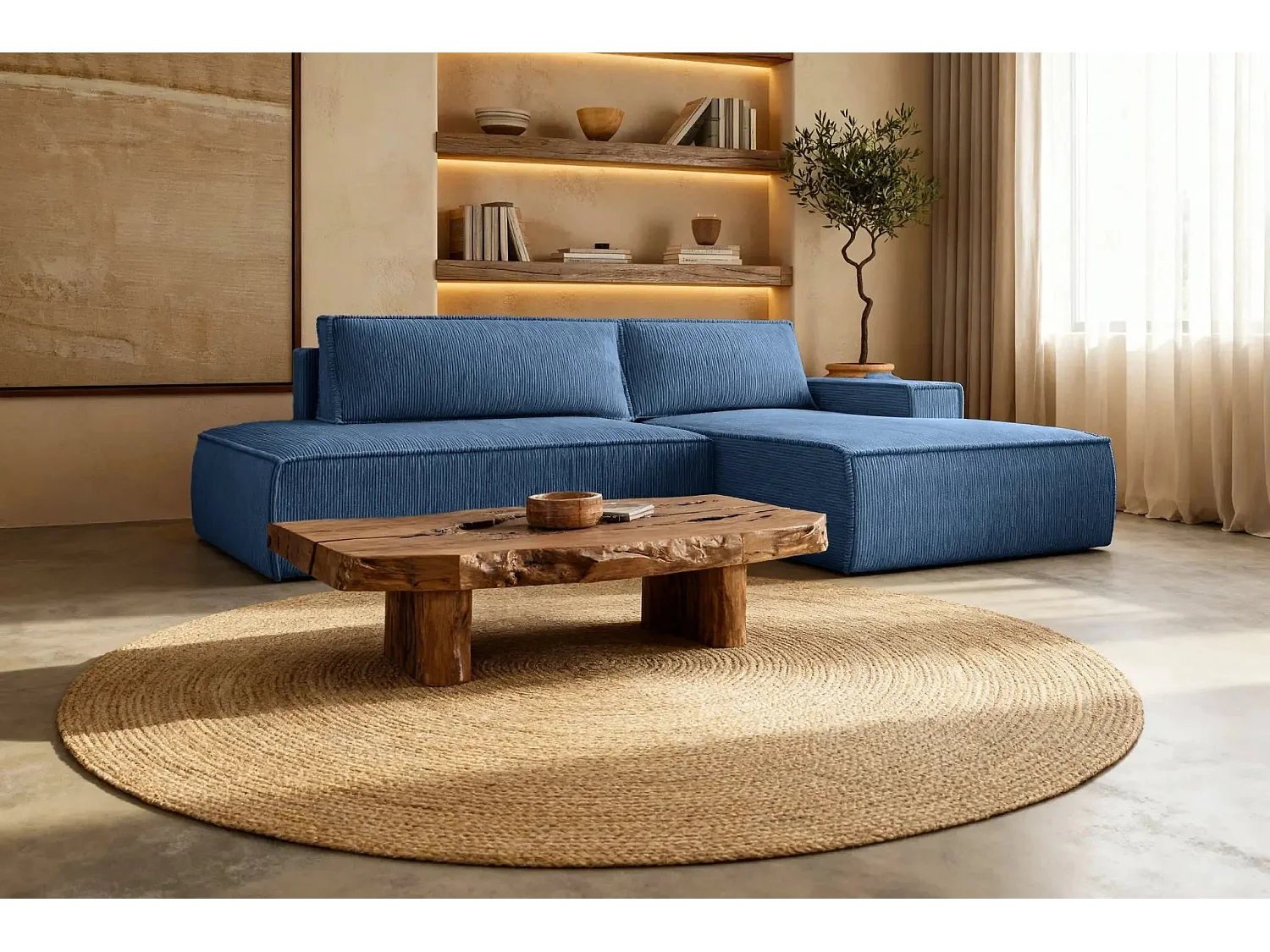 JADE - d'angle convertible velours côtelé - Bleu - Droit