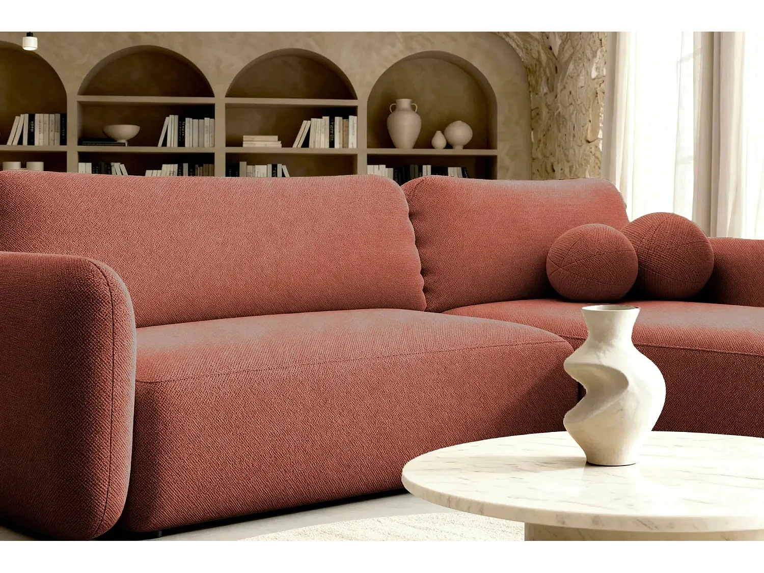 GIGI - Canapé d'angle convertible tissu bouclette 4 places - Terracotta - Gauche