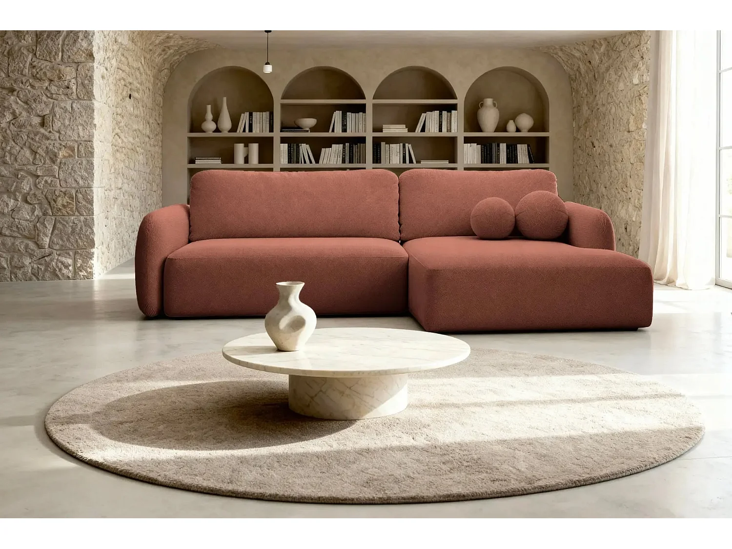 GIGI - Canapé d'angle convertible tissu bouclette 4 places - Terracotta - Gauche