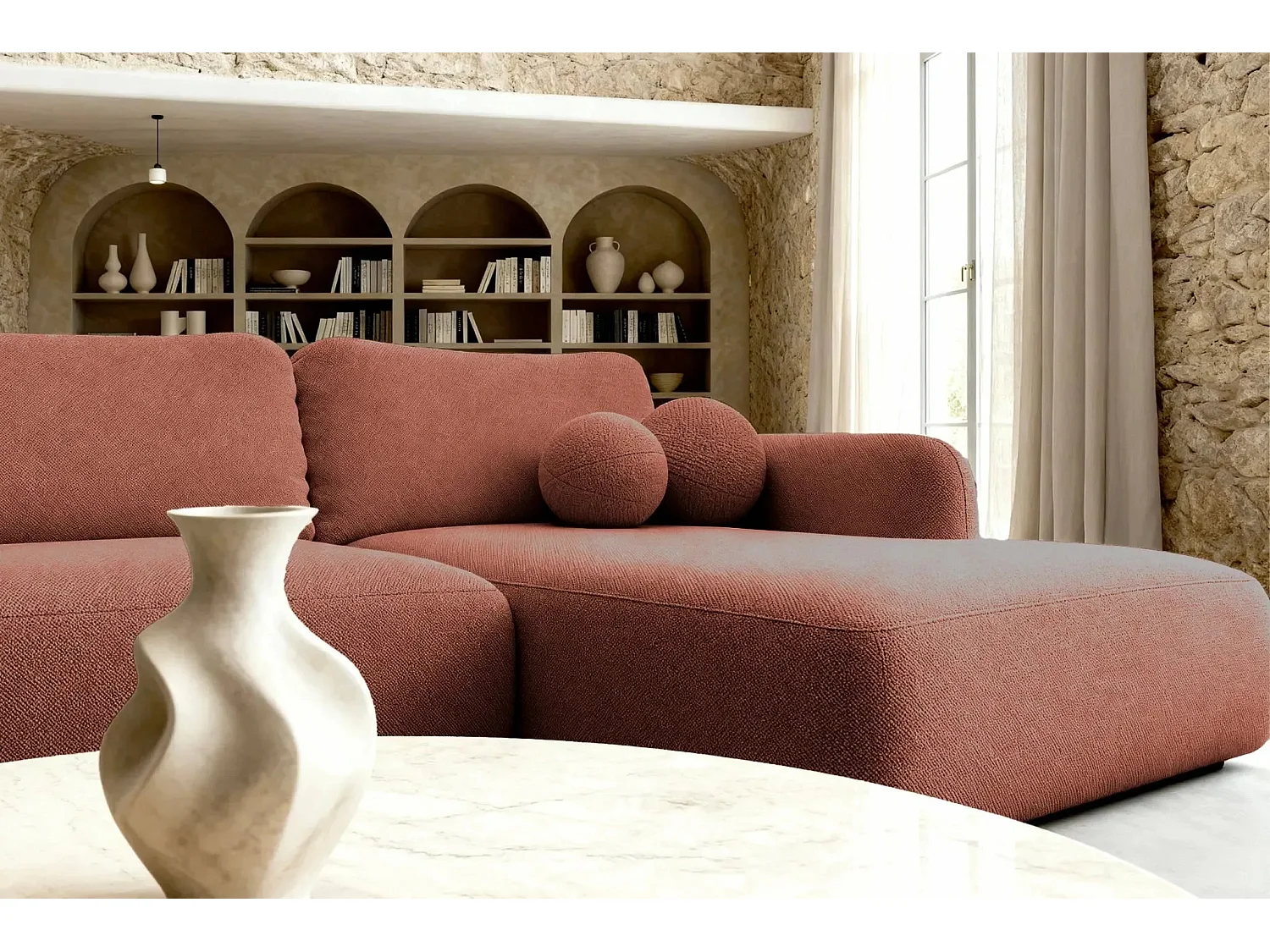 GIGI - Canapé d'angle convertible tissu bouclette 4 places - Terracotta - Gauche