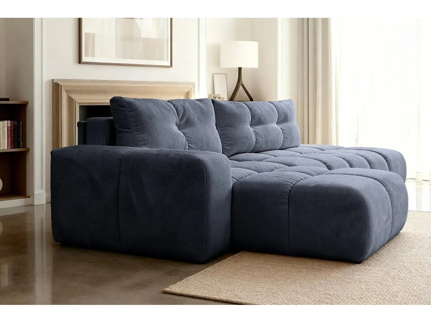 CONSTANCE - Canapé d'angle convertible tissu chenille 4 places - Bleu - Droit