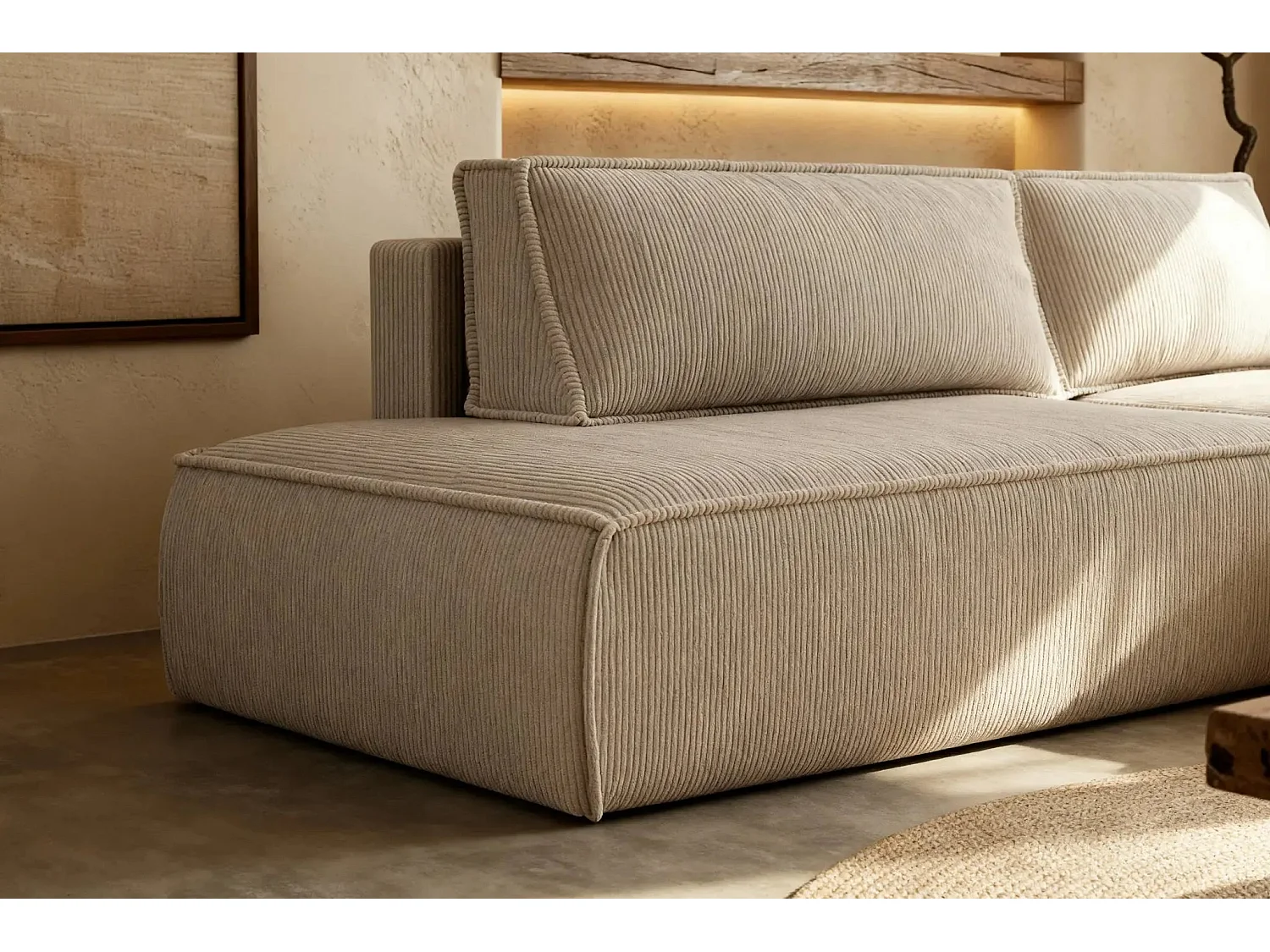 JADE - Canapé d'angle convertible velours côtelé - Beige - Gauche