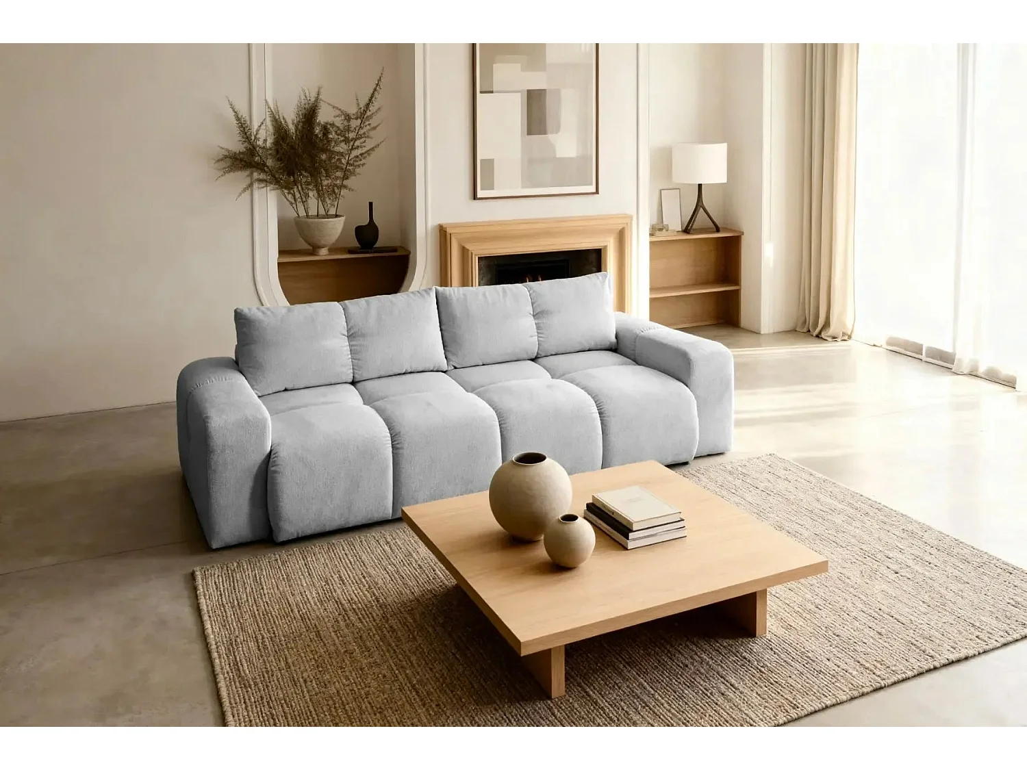 CONSTANCE - Canapé droit convertible tissu chenille - Gris clair