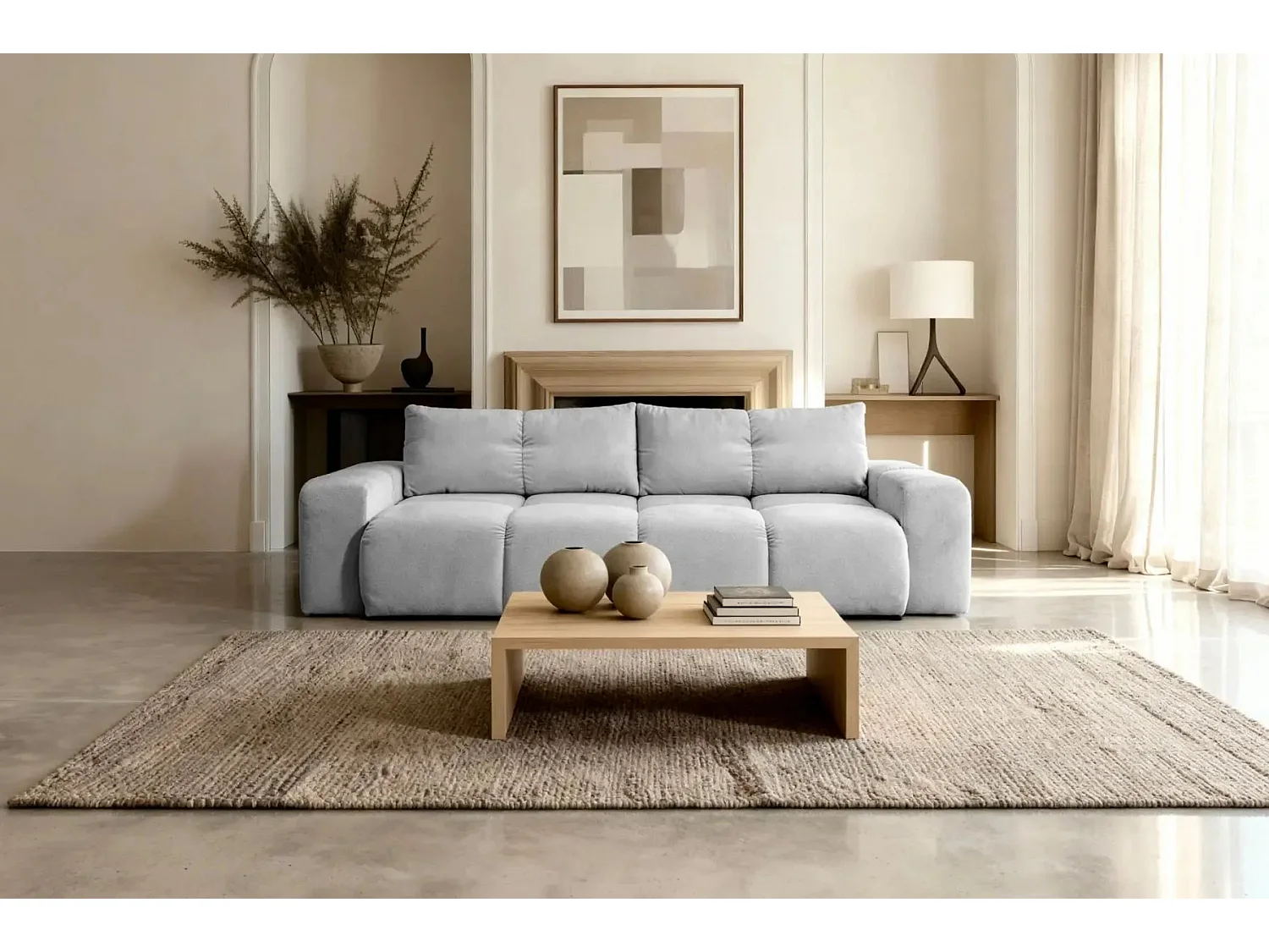 CONSTANCE - Canapé droit convertible tissu chenille - Gris clair