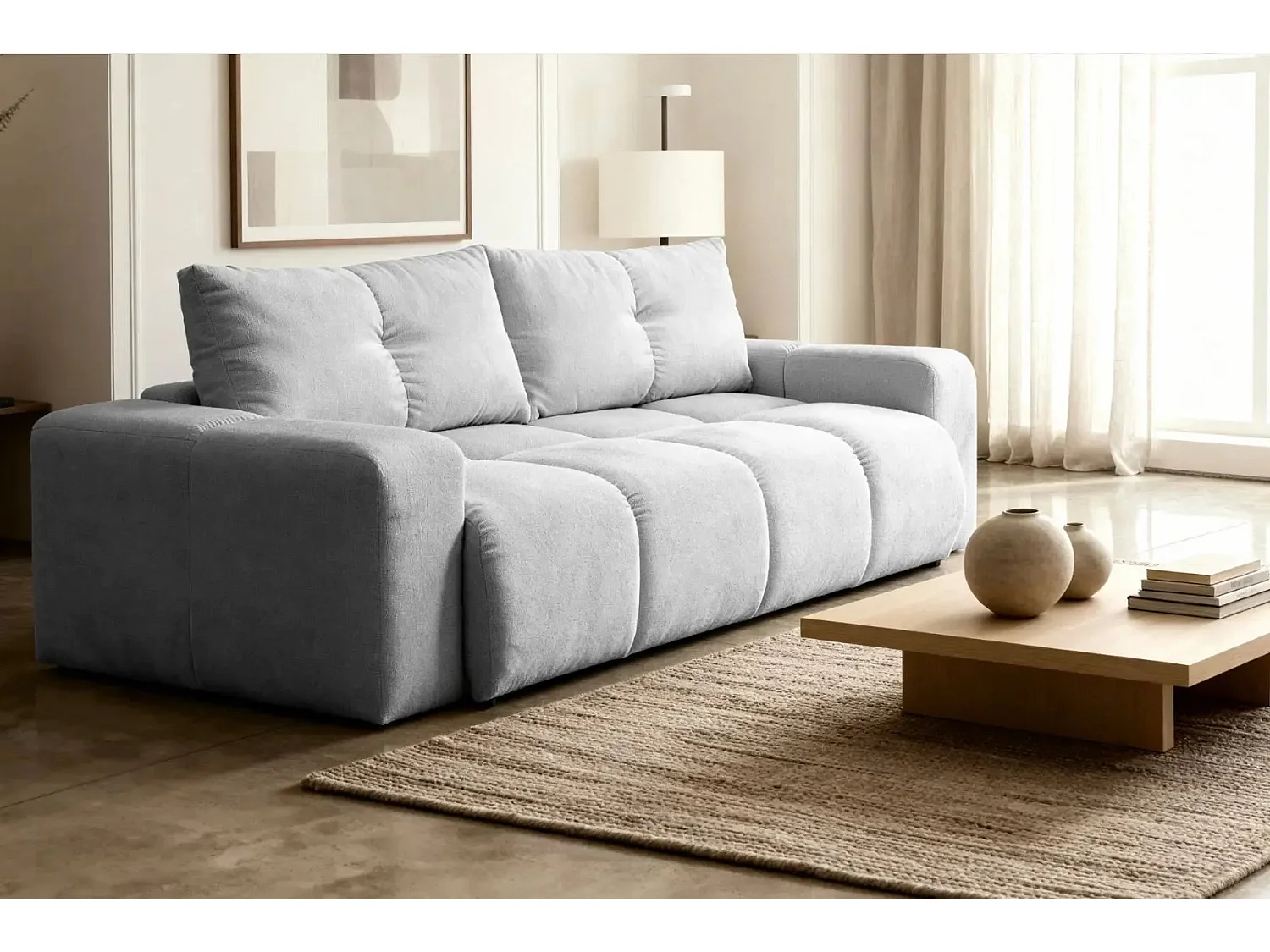 CONSTANCE - Canapé droit convertible tissu chenille - Gris clair