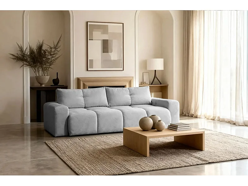 CONSTANCE - Canapé droit convertible tissu chenille - Gris clair