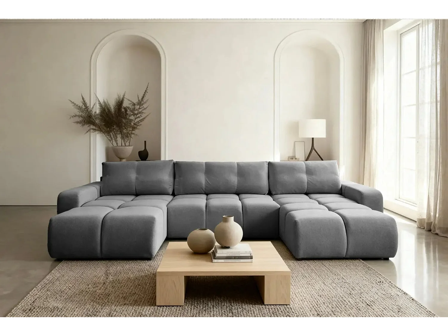 CONSTANCE - Canapé panoramique convertible tissu chenille - Gris anthracite