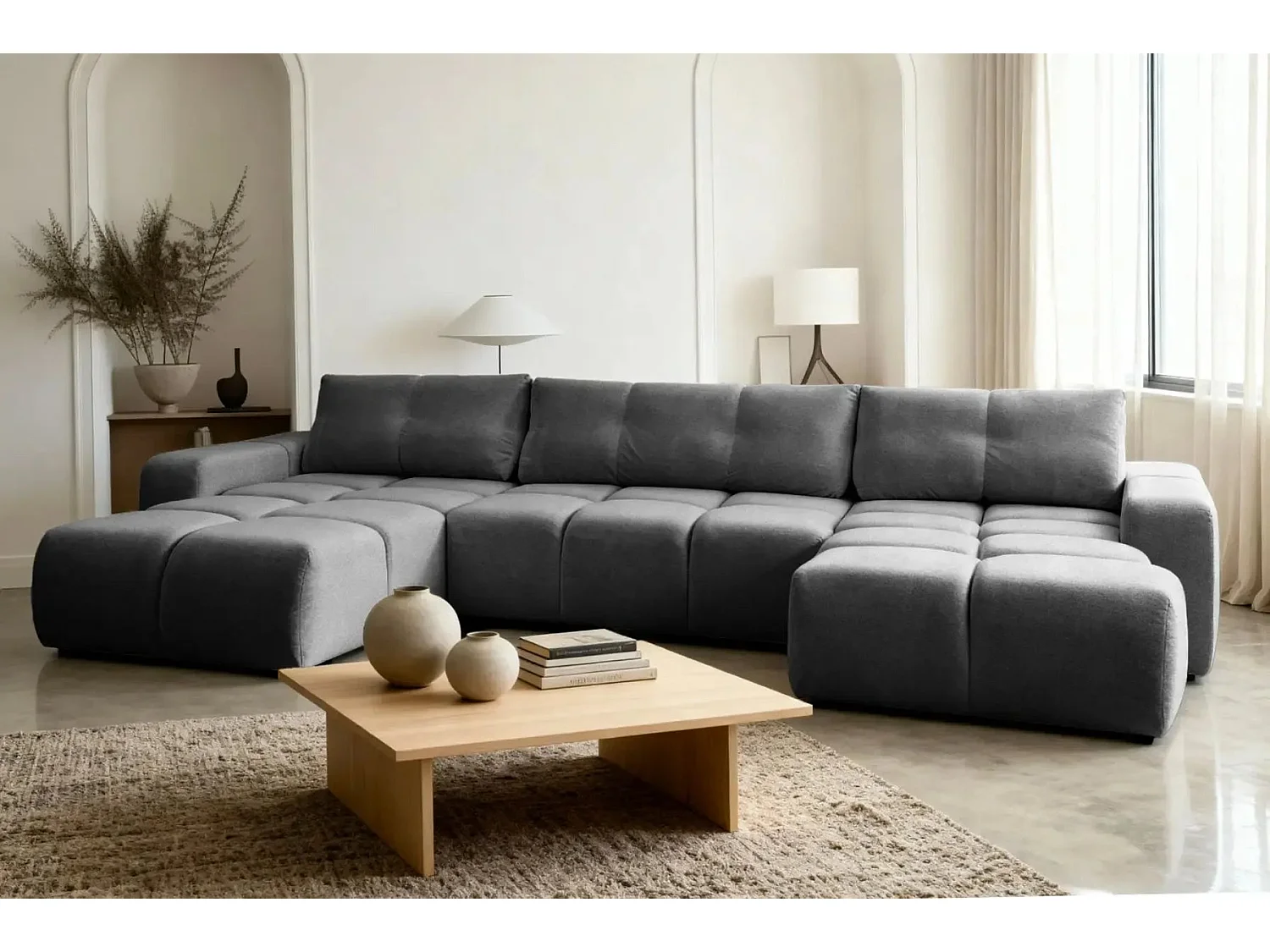 CONSTANCE - Canapé panoramique convertible tissu chenille - Gris anthracite