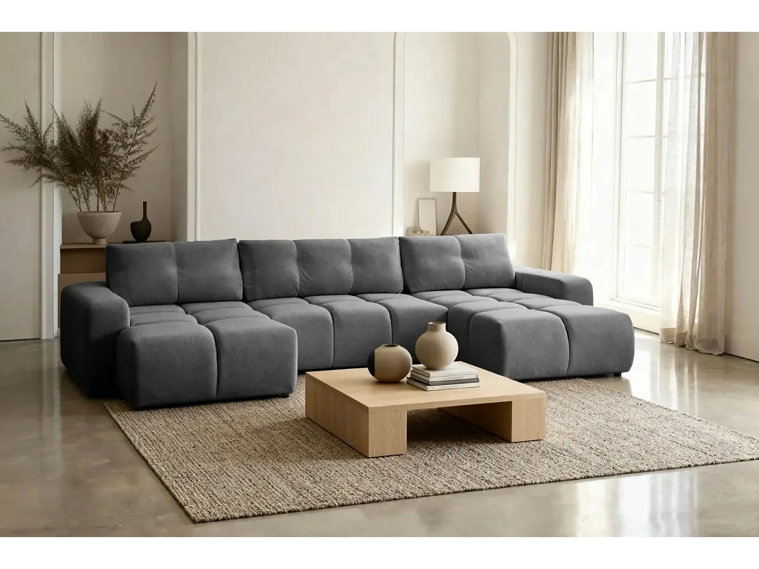 CONSTANCE - Canapé panoramique convertible tissu chenille 5 places - Gris anthracite