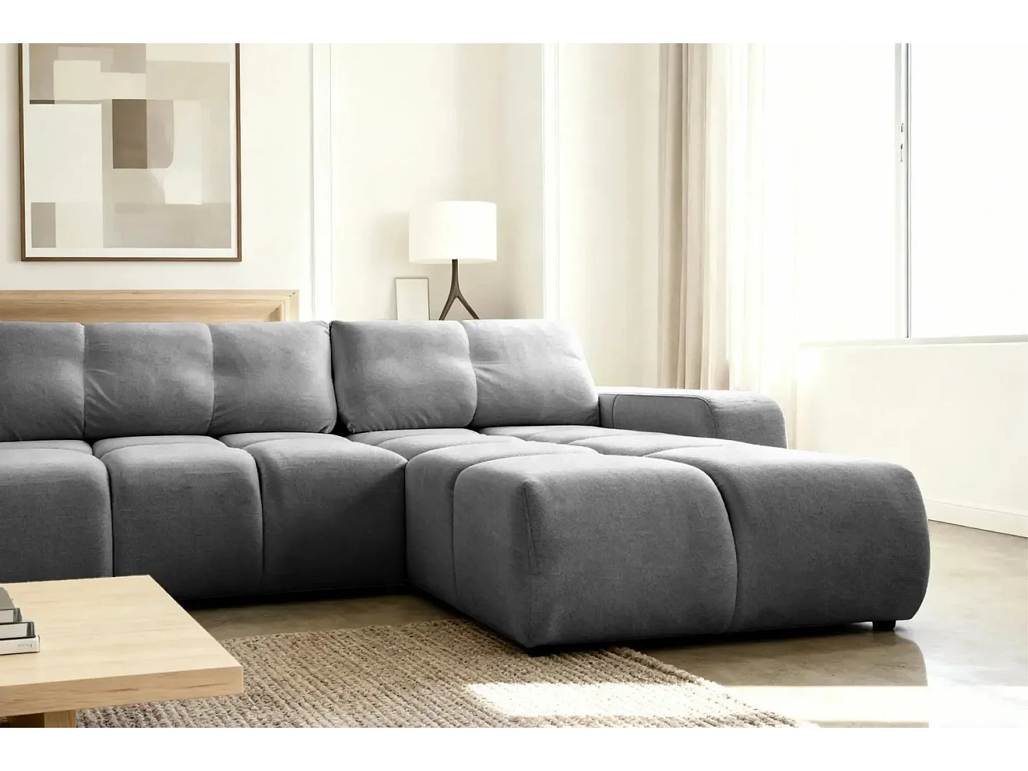 CONSTANCE - Canapé panoramique convertible tissu chenille 5 places - Gris anthracite