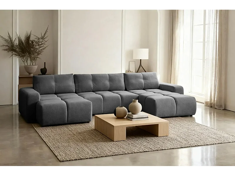 CONSTANCE - Canapé panoramique convertible tissu chenille - Gris anthracite