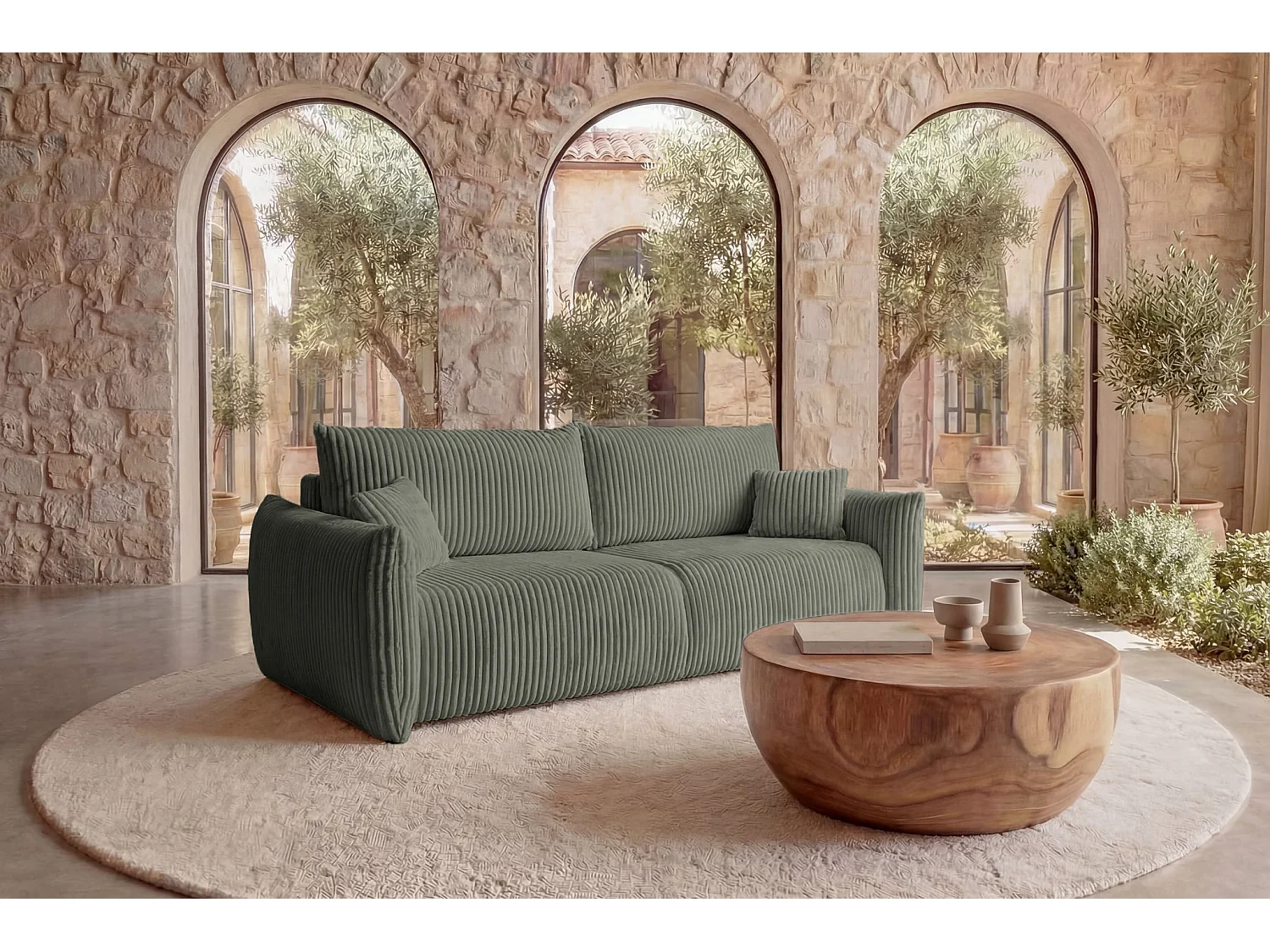 ELIO - Canapé droit convertible gros velours côtelé - Vert