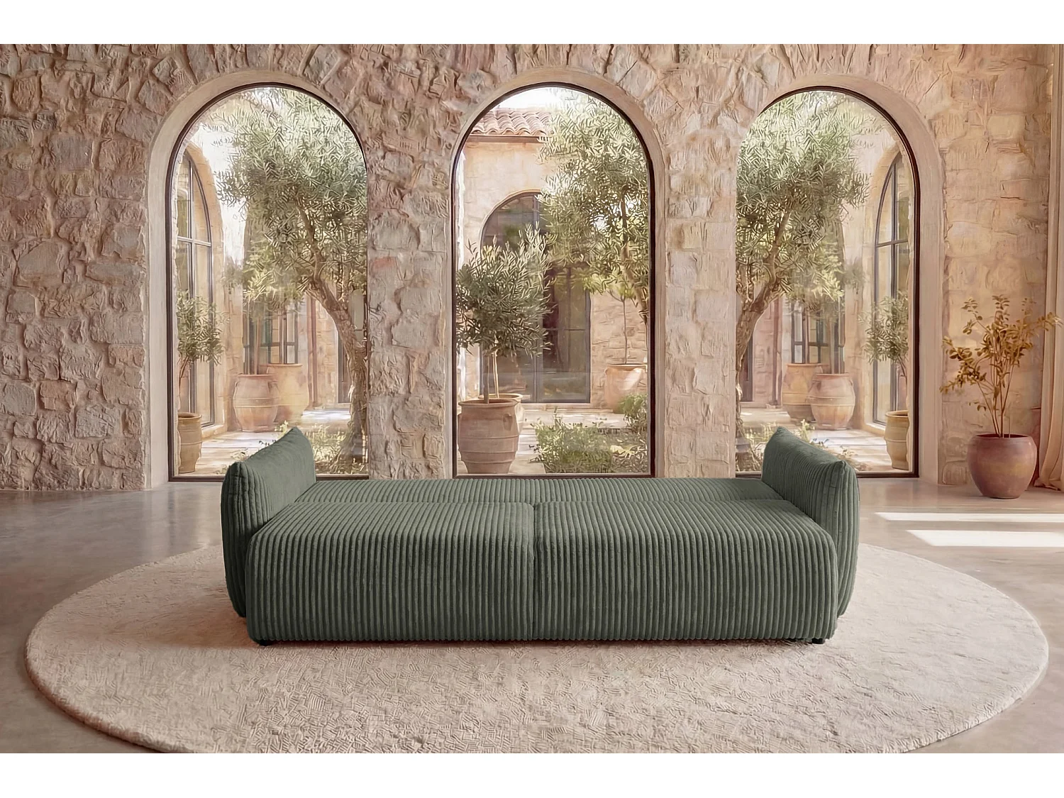 ELIO - Canapé droit convertible gros velours côtelé - Vert