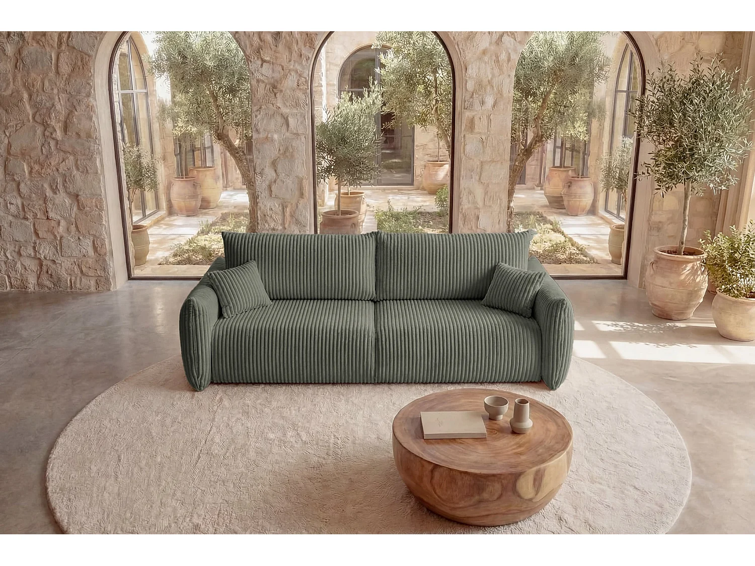 ELIO - Canapé droit convertible gros velours côtelé - Vert