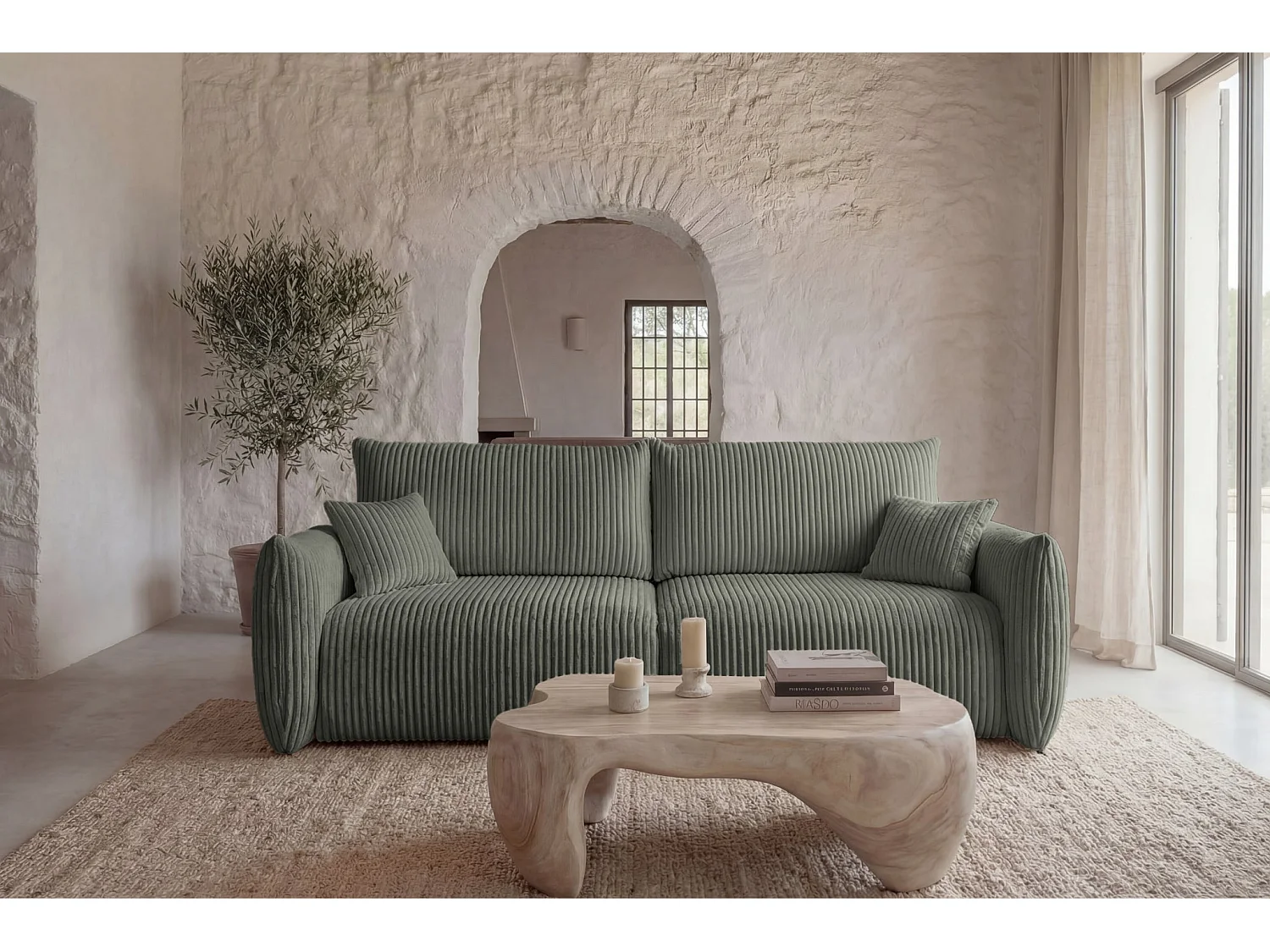 ELIO - Canapé droit convertible gros velours côtelé 3 places - Vert