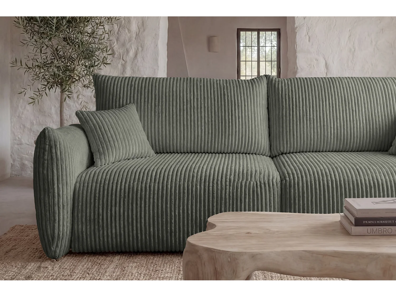 ELIO - Canapé droit convertible gros velours côtelé 3 places - Vert