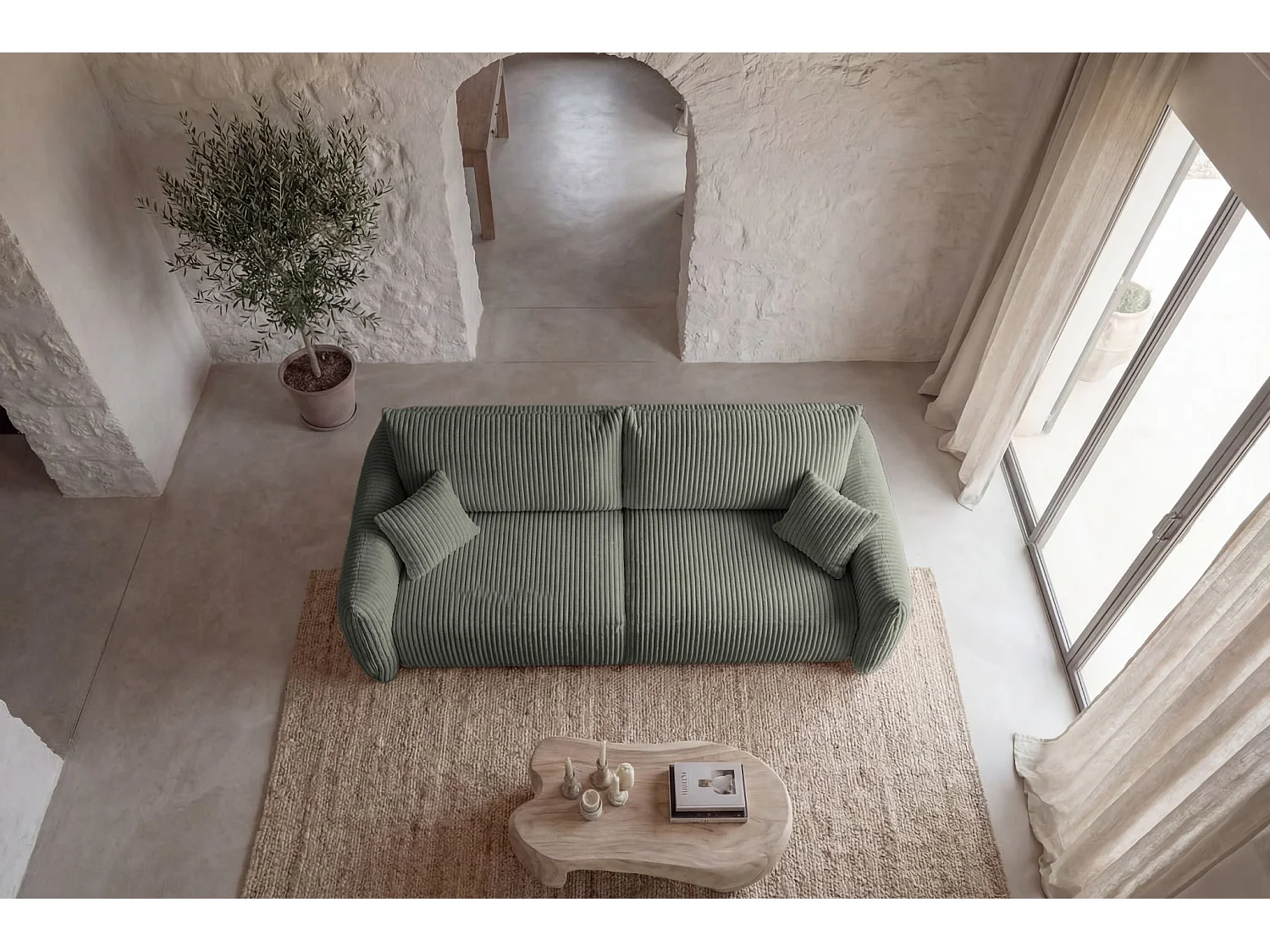 ELIO - Canapé droit convertible gros velours côtelé 3 places - Vert
