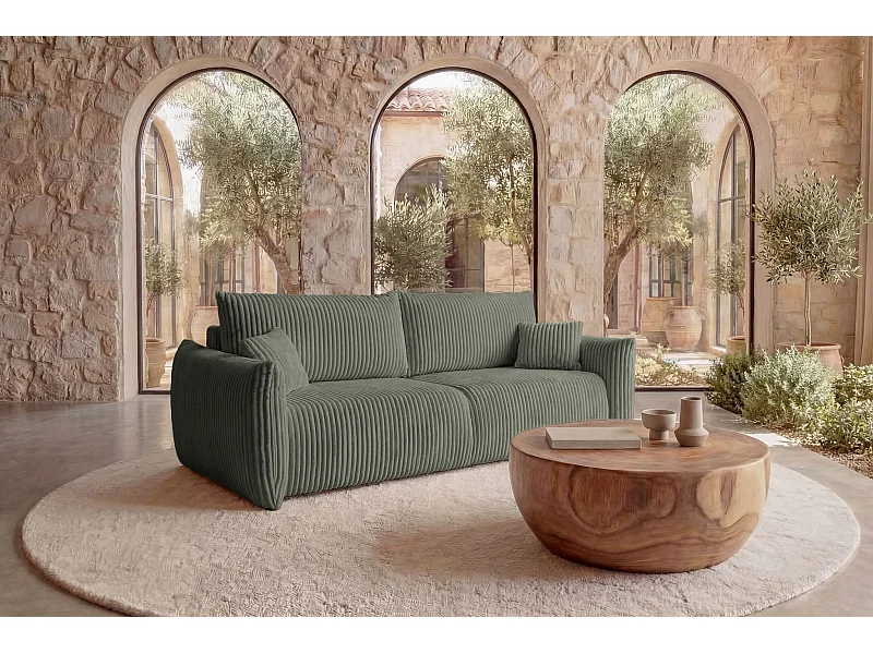 ELIO - Canapé droit convertible gros velours côtelé - Vert