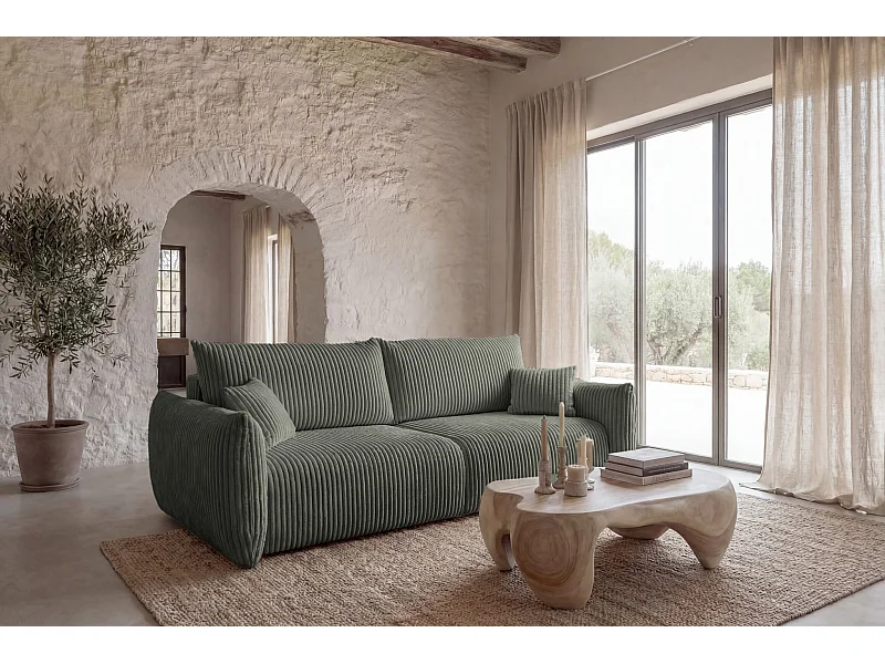 ELIO - Canapé droit convertible gros velours côtelé - Vert