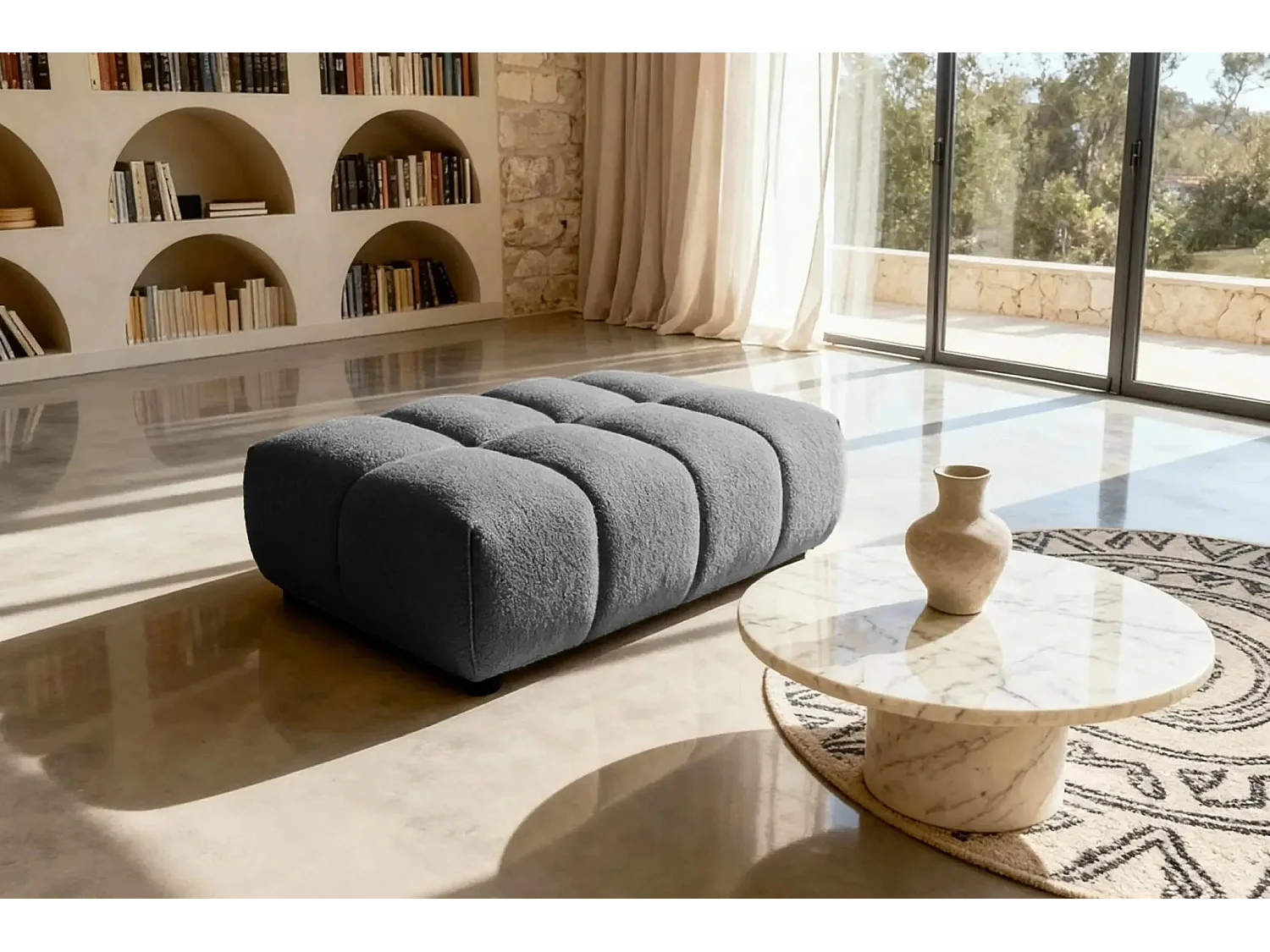 ALEXIA - Pouf tissu bouclette - Gris foncé