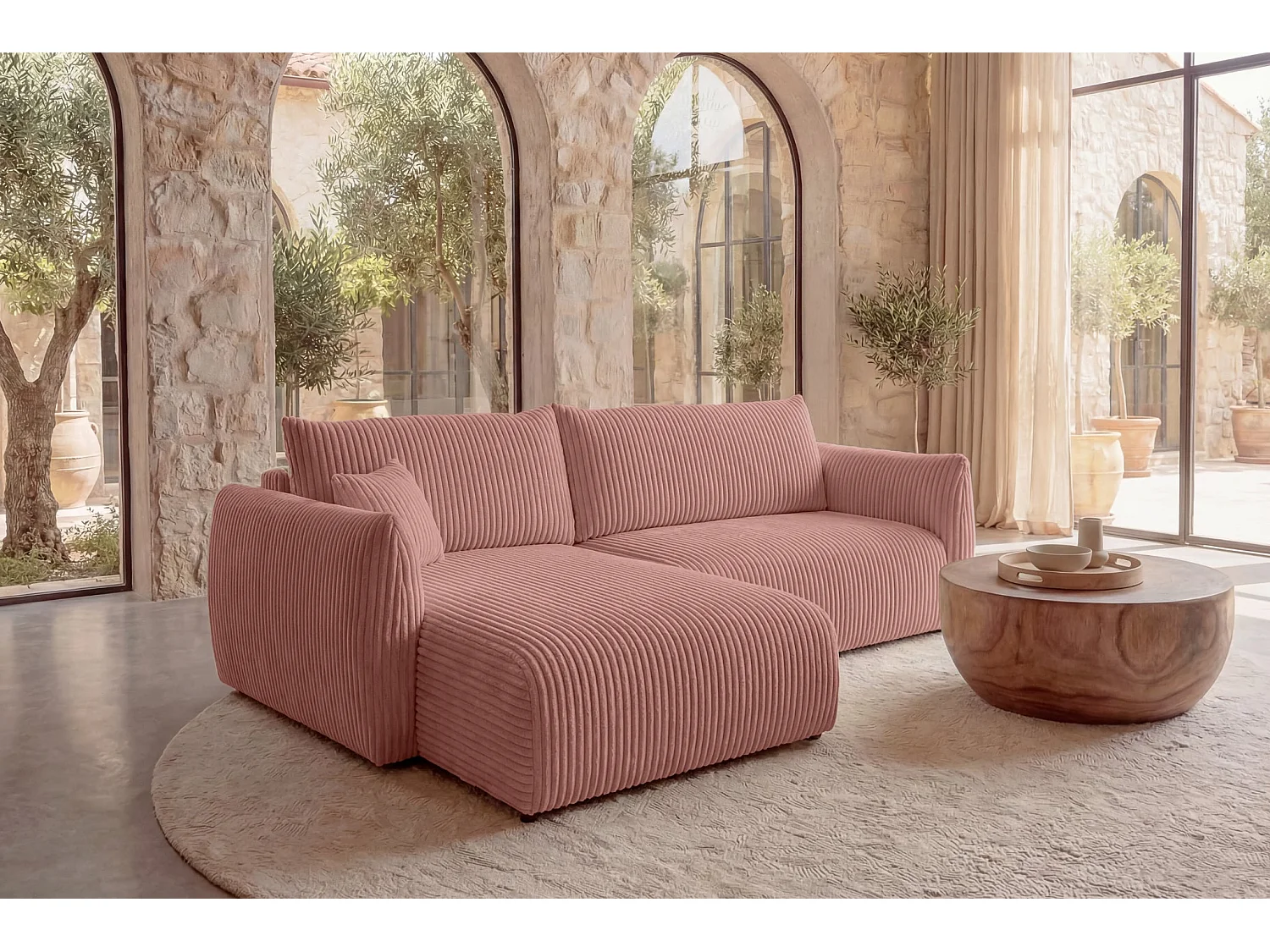 ELIO - Canapé d'angle convertible gros velours côtelé - Rose