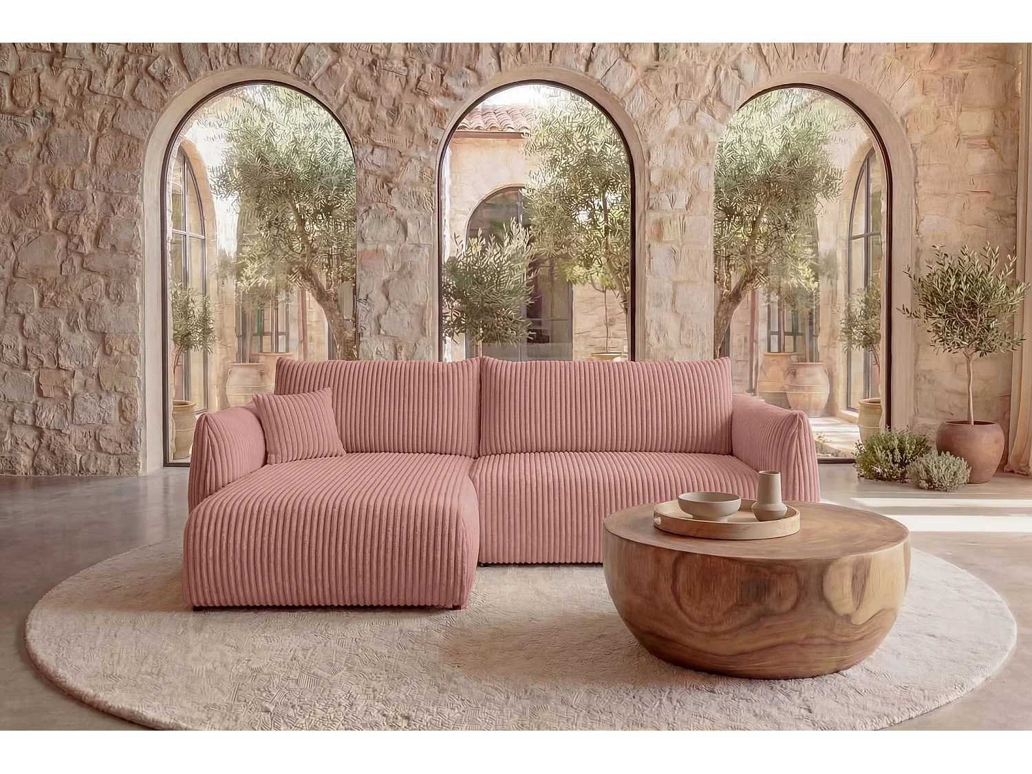 ELIO - Canapé d'angle convertible gros velours côtelé - Rose