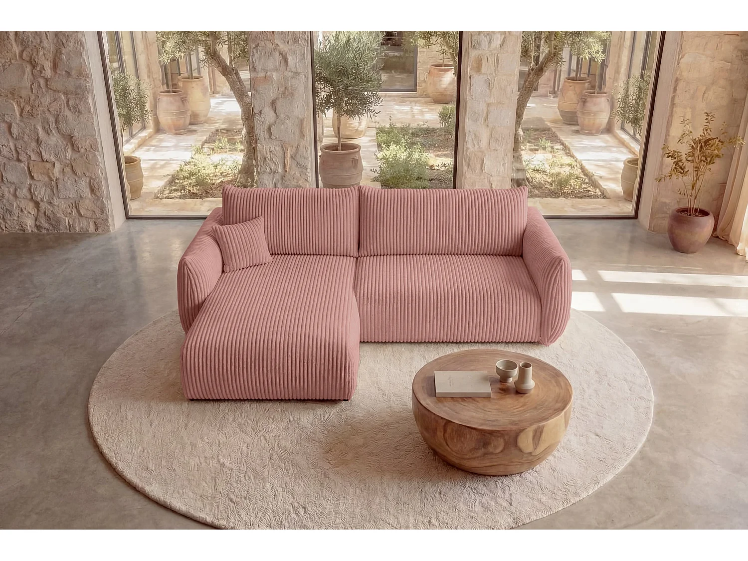 ELIO - Canapé d'angle convertible gros velours côtelé - Rose