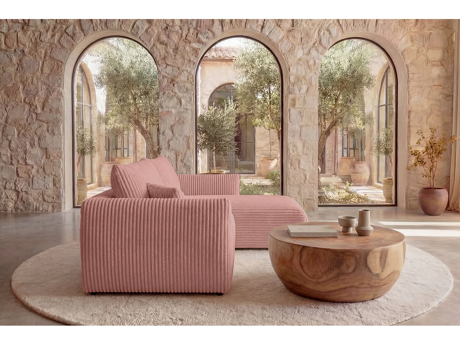 ELIO - Canapé d'angle convertible gros velours côtelé - Rose